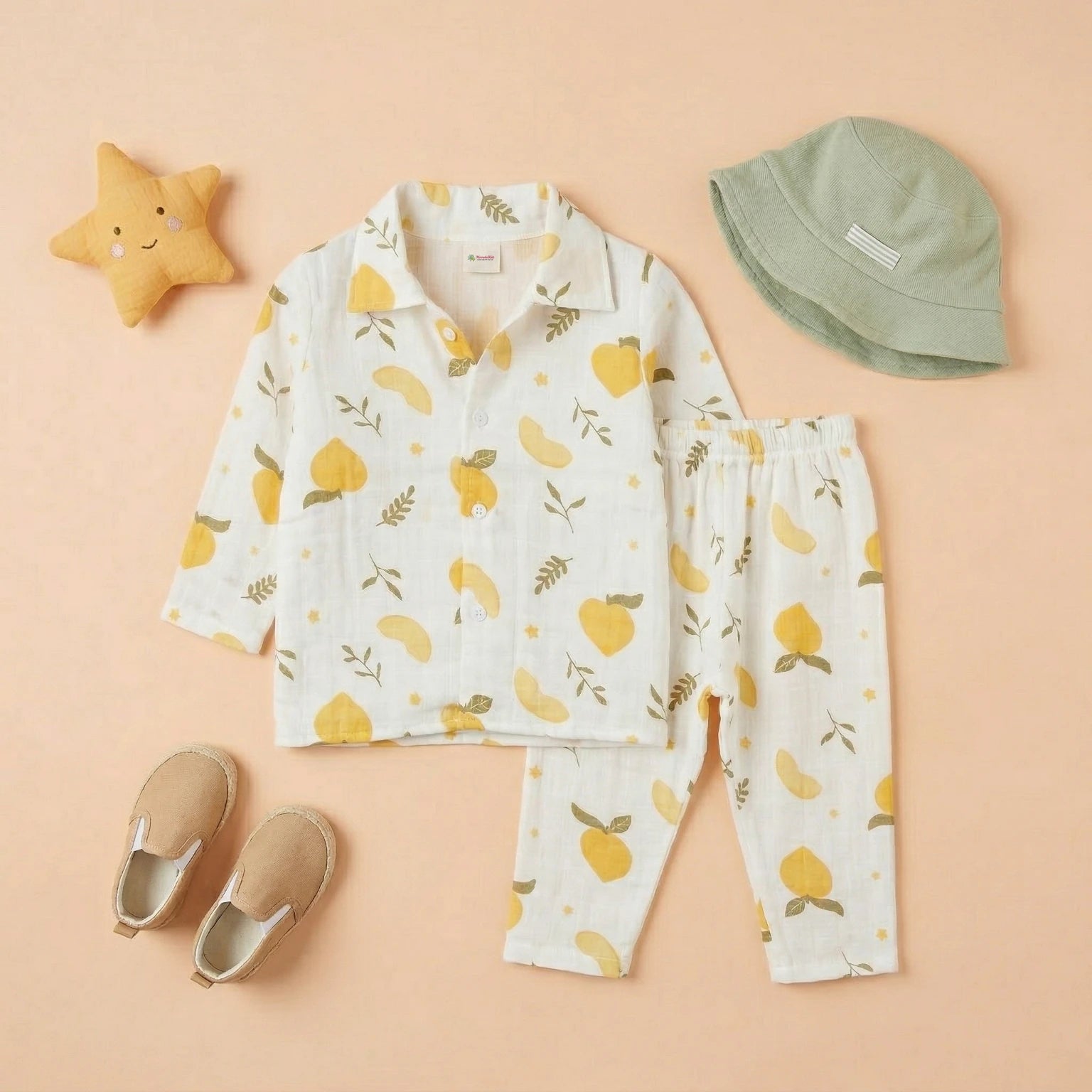 Lemon Leaf – Collared Muslin Night Suit Momuko Kids