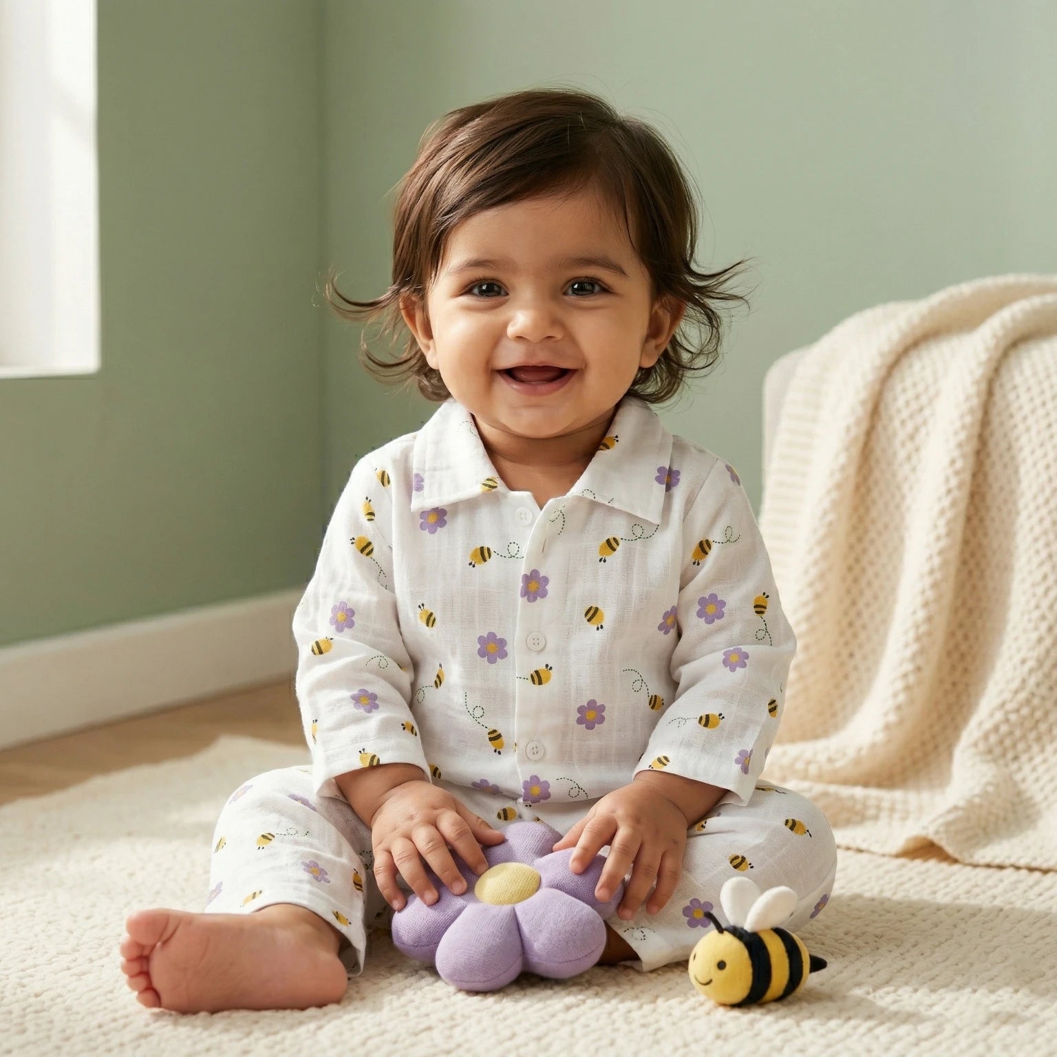 Honey Bee – Collared Muslin Night Suit Momuko Kids