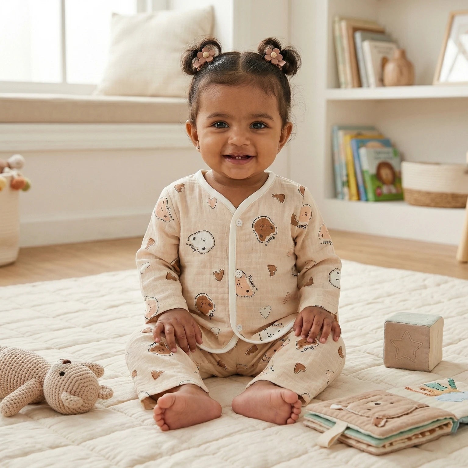 Peach Bear – Full Sleeve Muslin Night Suit Momuko Kids