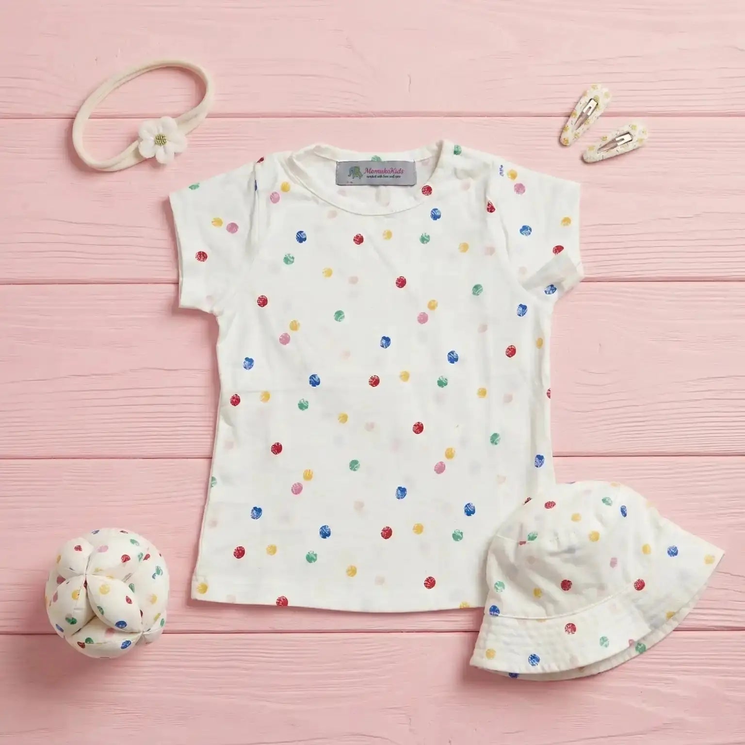 White Half Sleeve Polka Dot T-shirt Momuko Kids