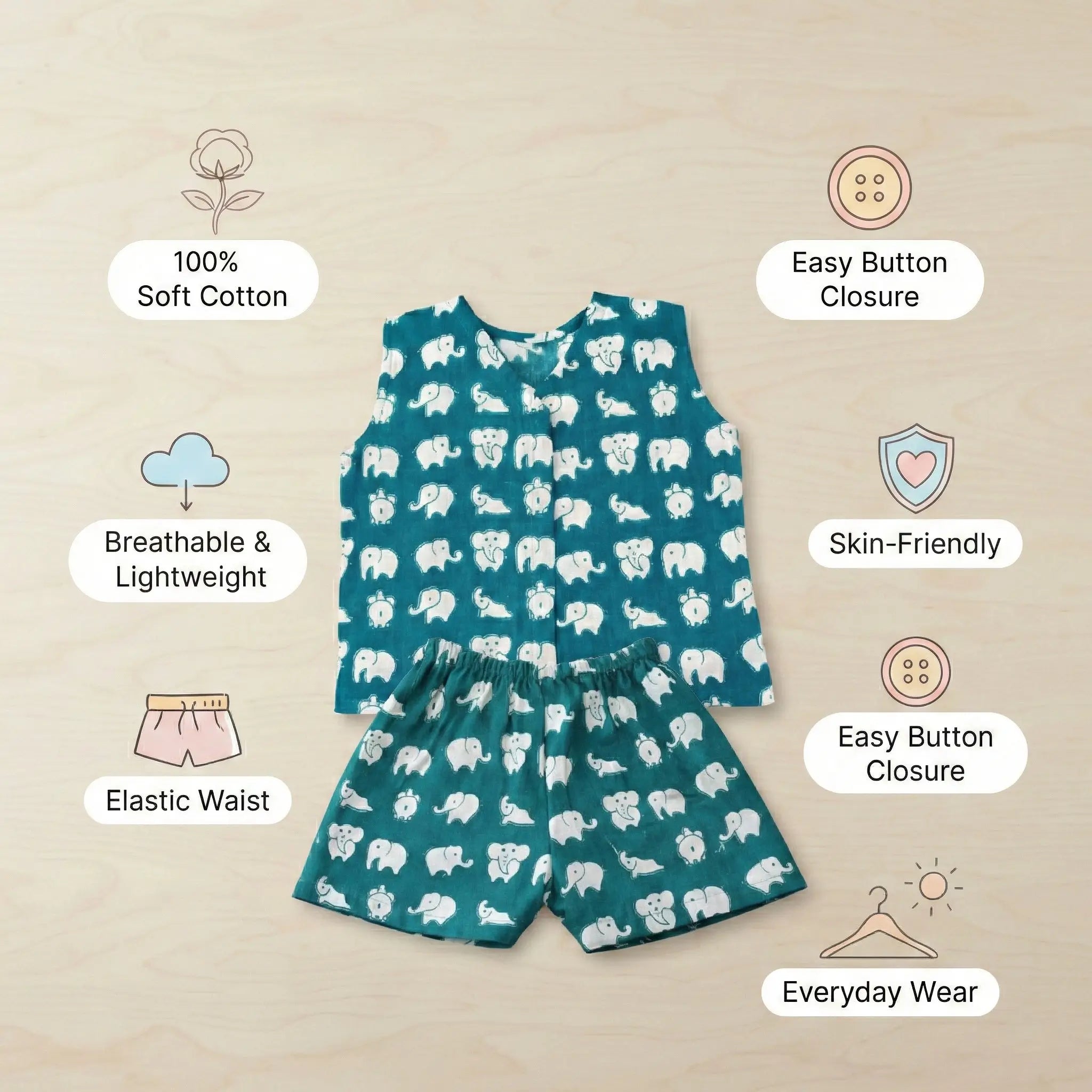 V-Neck Front Button Jhabhla with Shorts - Raama Green Elephant Print Momuko Kids
