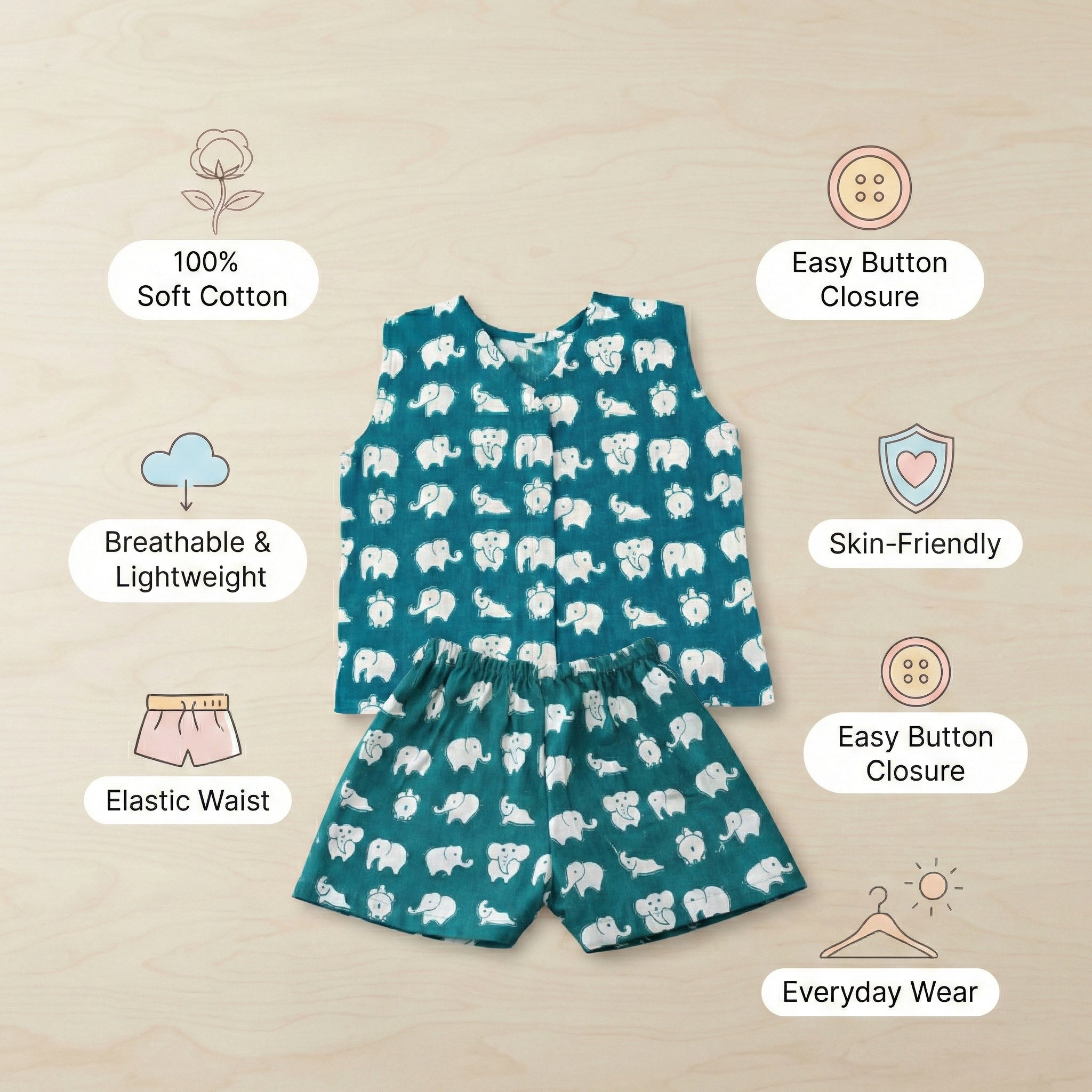 V-Neck Front Button Jhabhla with Shorts - Raama Green Elephant Print