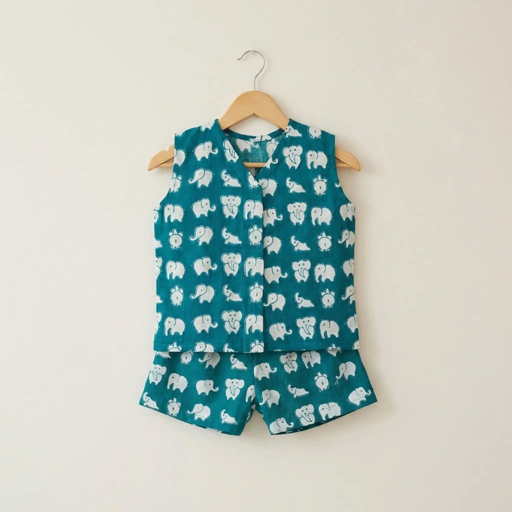 V-Neck Front Button Jhabhla with Shorts - Raama Green Elephant Print