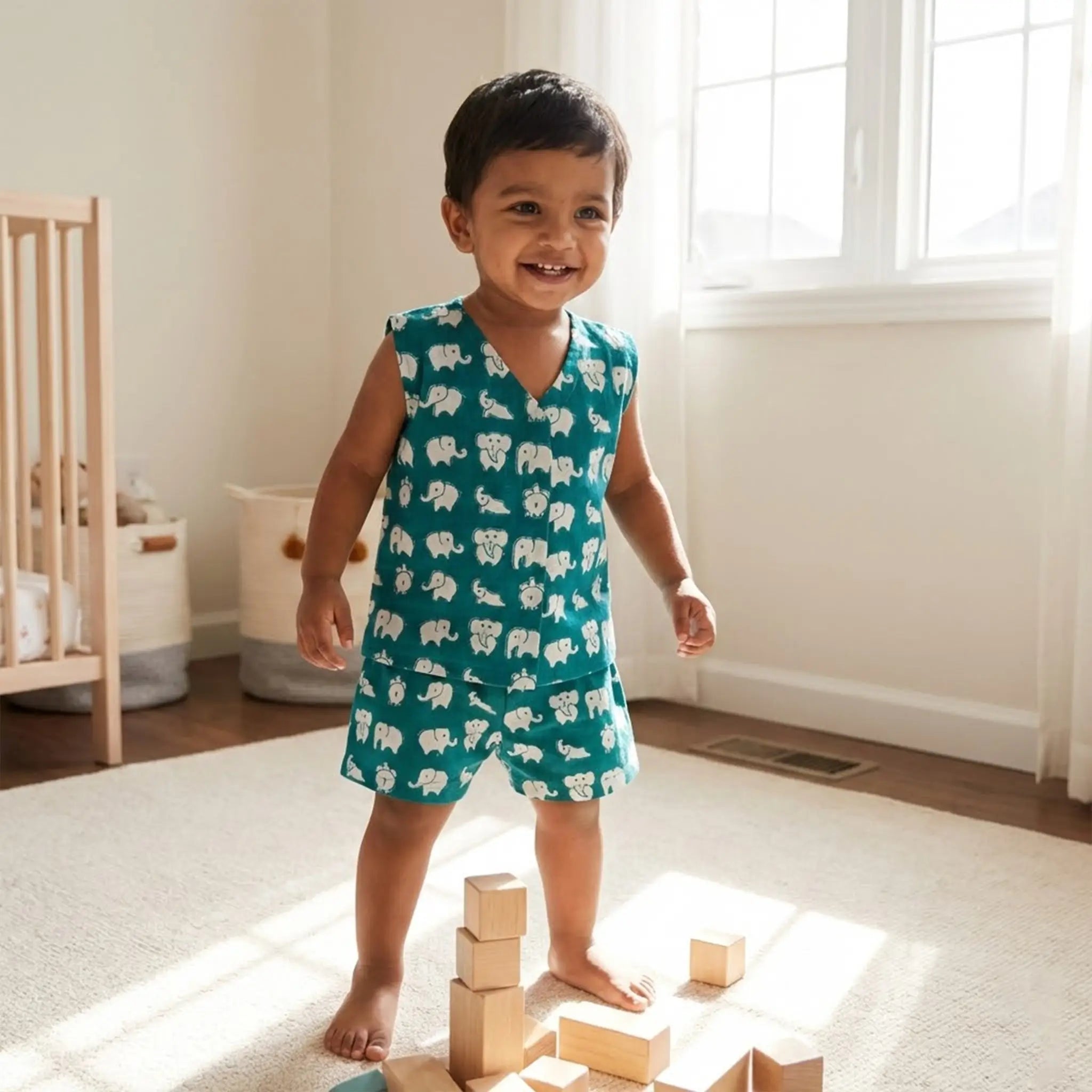 V-Neck Front Button Jhabhla with Shorts - Raama Green Elephant Print Momuko Kids