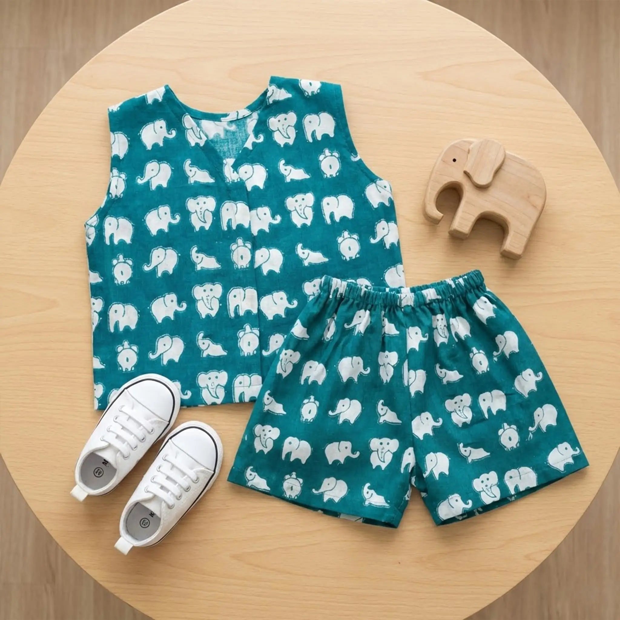 V-Neck Front Button Jhabhla with Shorts - Raama Green Elephant Print Momuko Kids