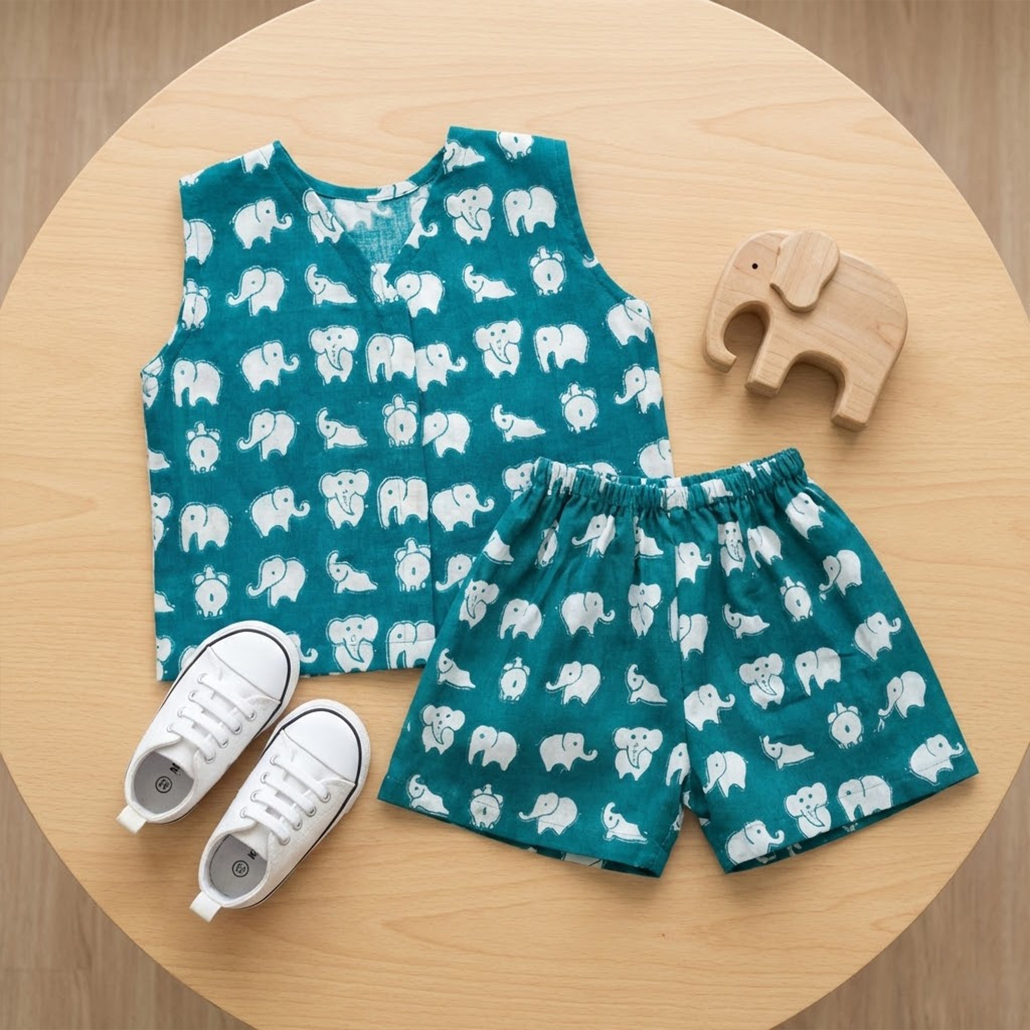V-Neck Front Button Jhabhla with Shorts - Raama Green Elephant Print