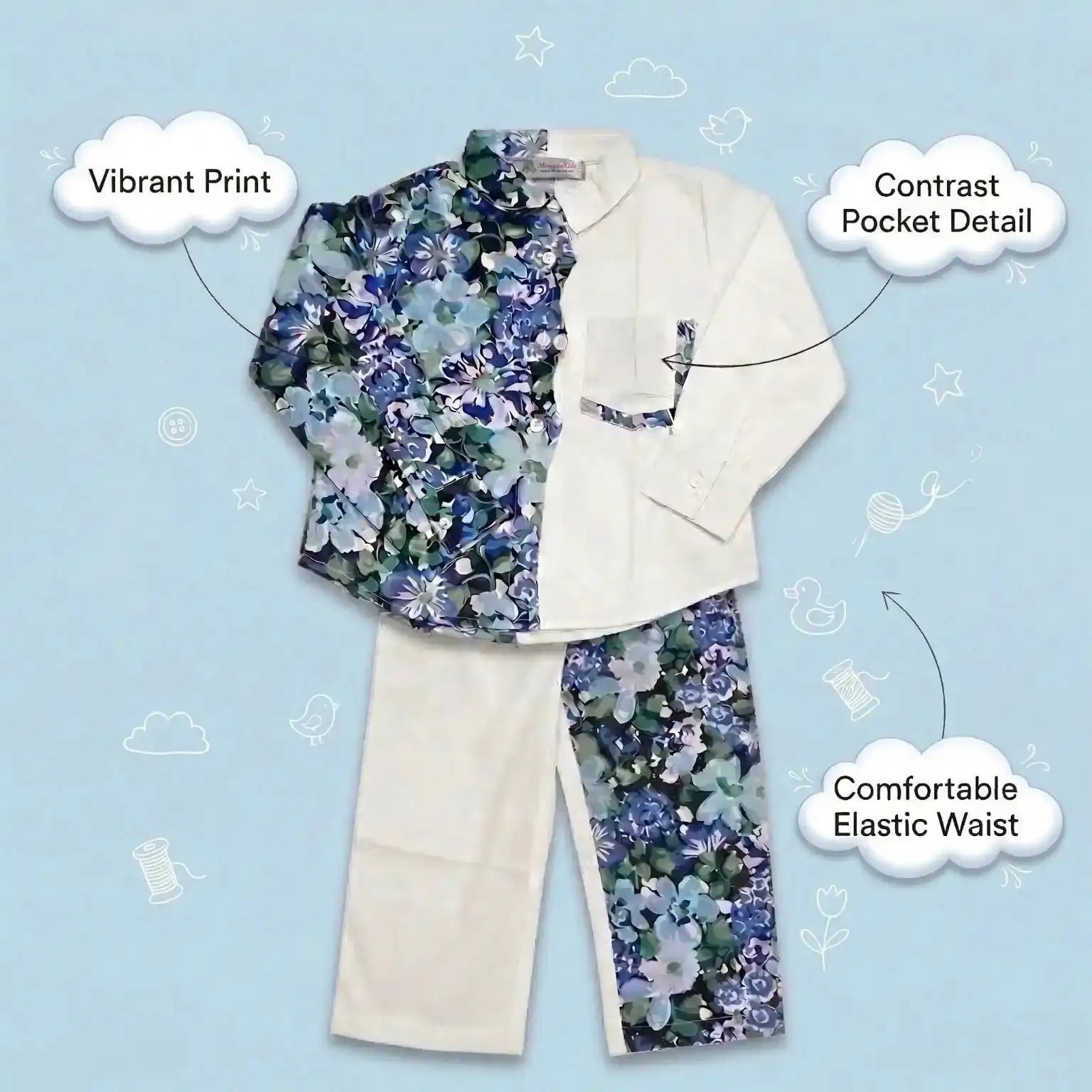 White And Blue Floral Half & Half Co-Ord Set Momuko Kids