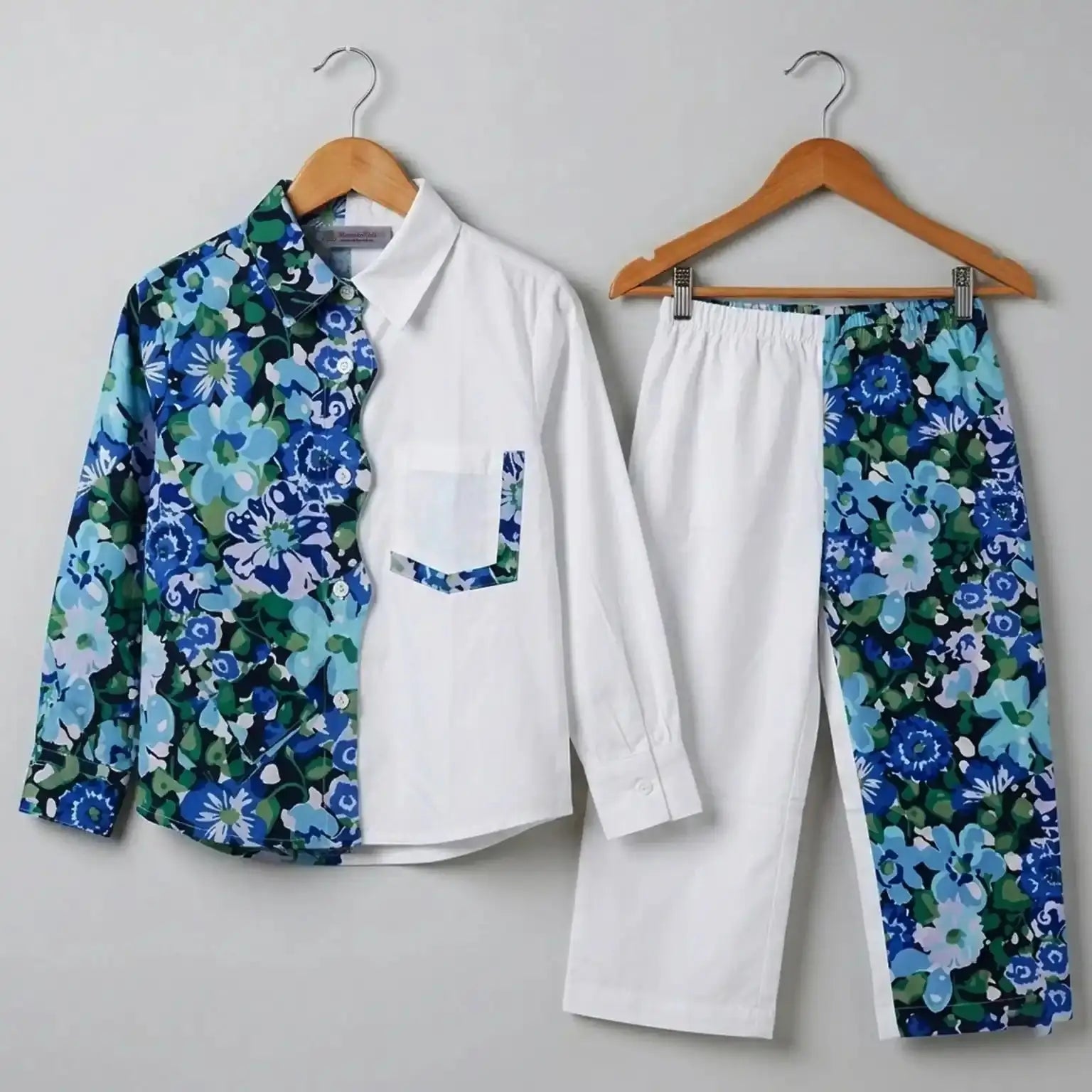 White And Blue Floral Half & Half Co-Ord Set Momuko Kids