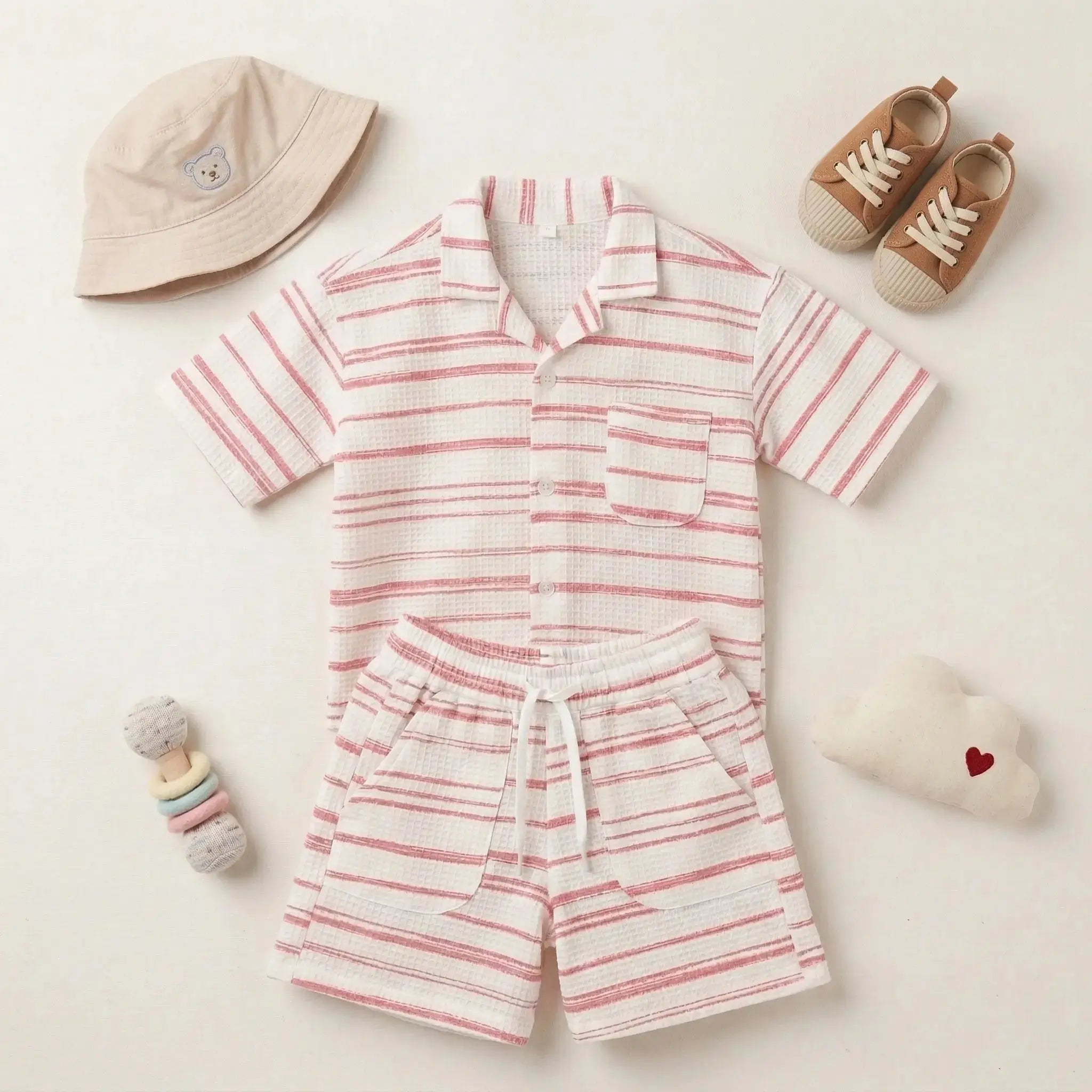 Cream Stripes Drop Shoulder Shirt and Shorts Momuko Kids