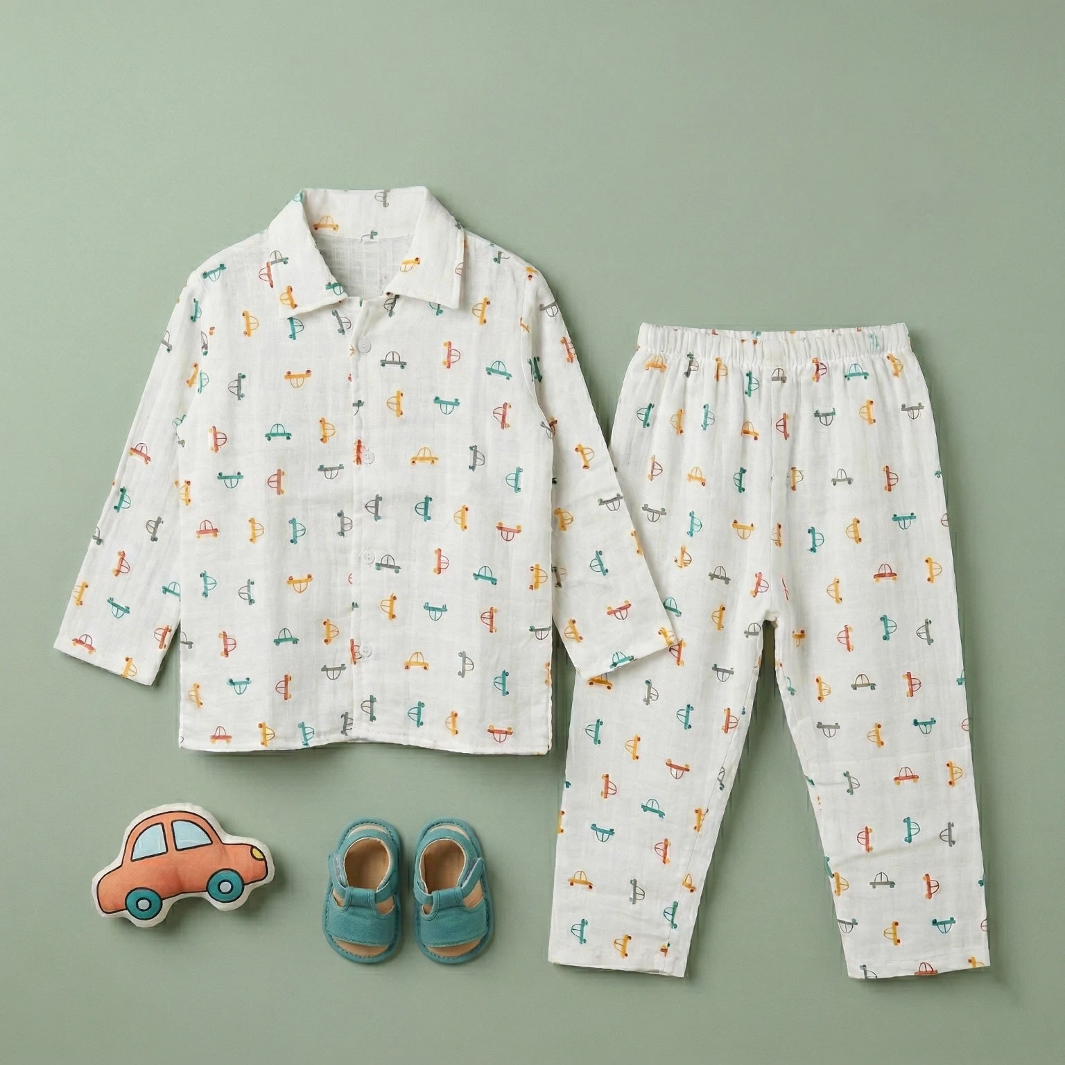 Colored Car – Collared Muslin Night Suit