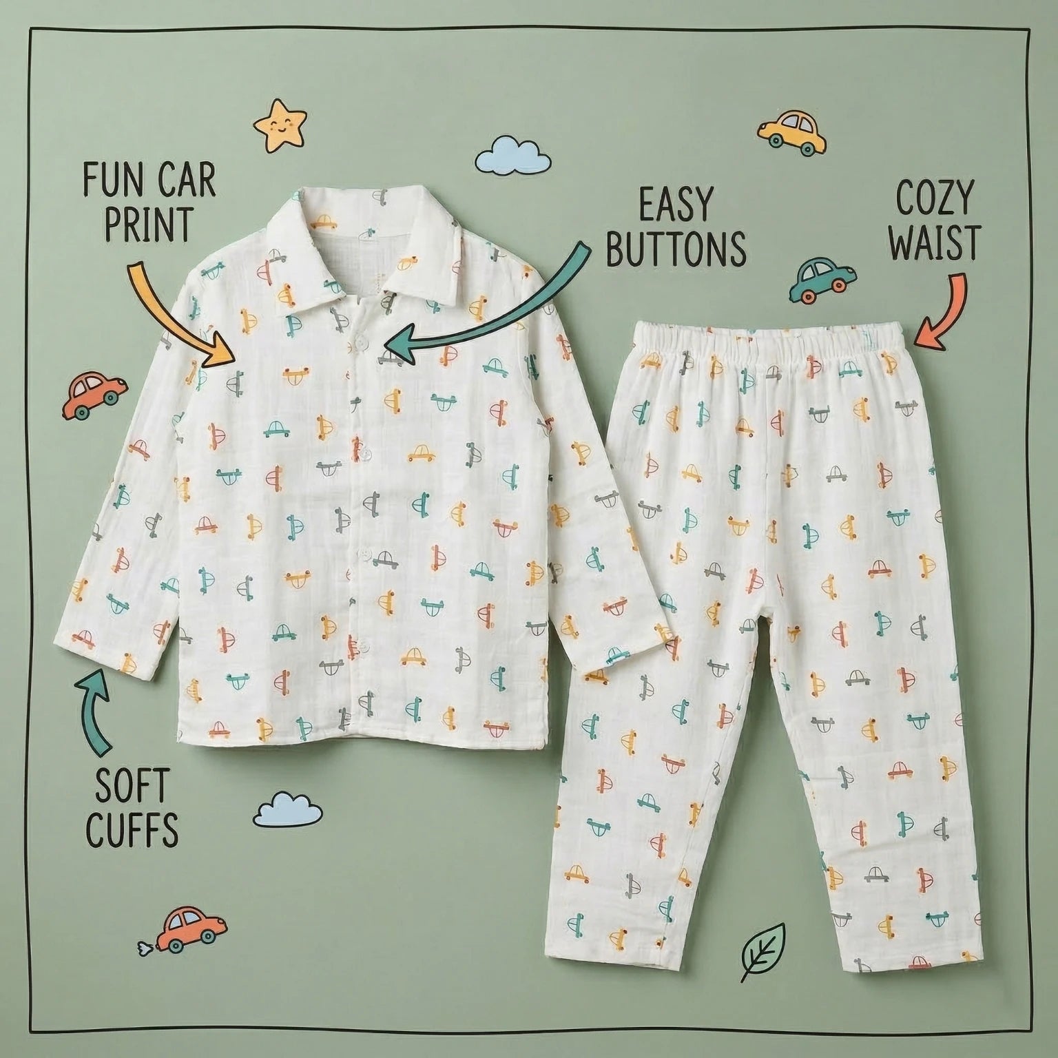 Colored Car – Collared Muslin Night Suit