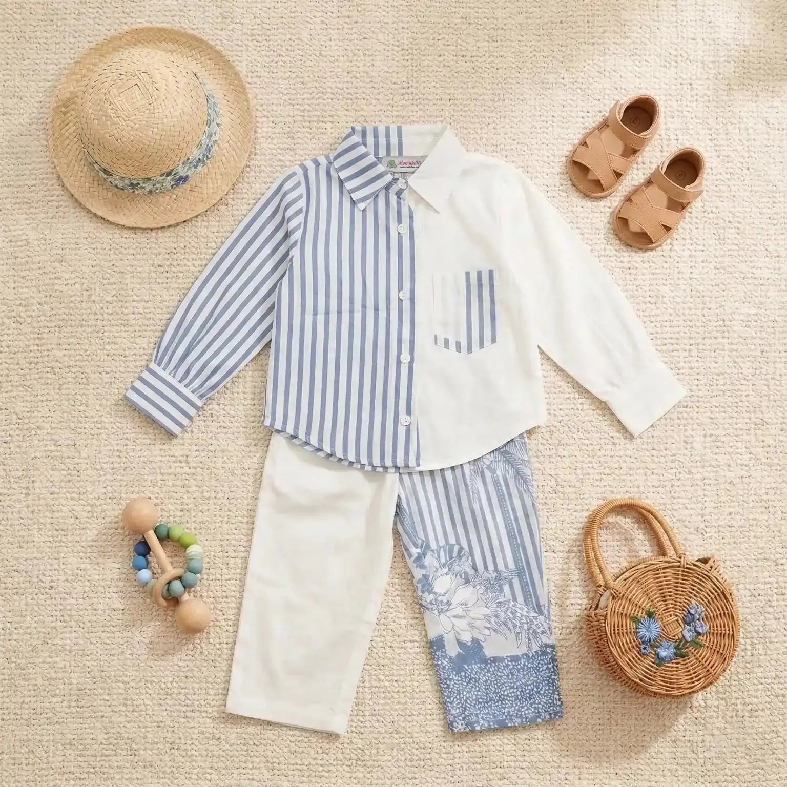 White and Stripes Half & Half Co-ord Set Momuko Kids