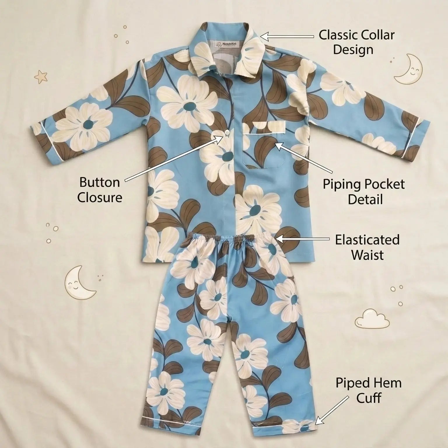 Blue Floral Full Sleeve Night Suit