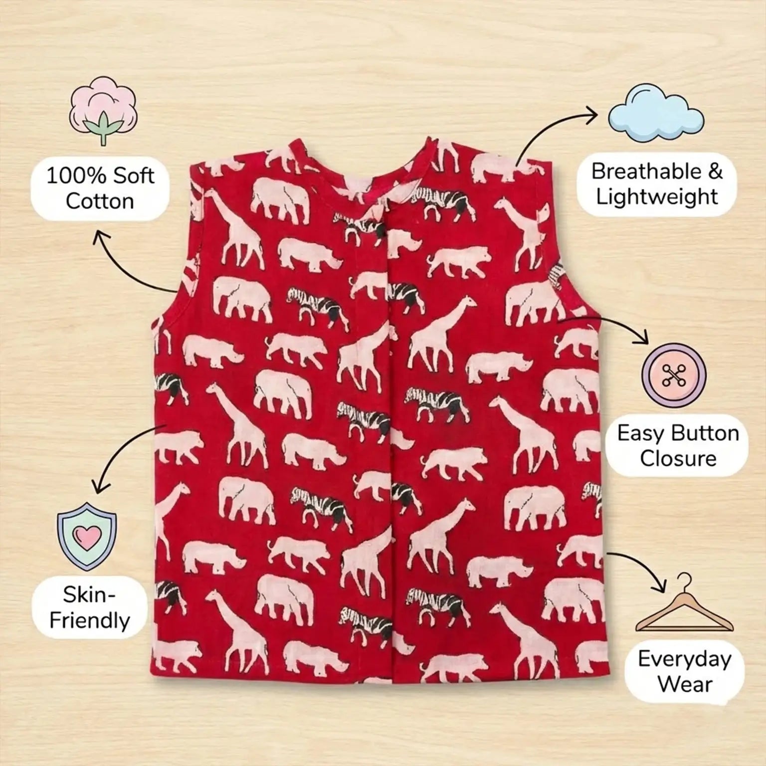 Round Neck Jhabhla - Red Animal Print Momuko Kids