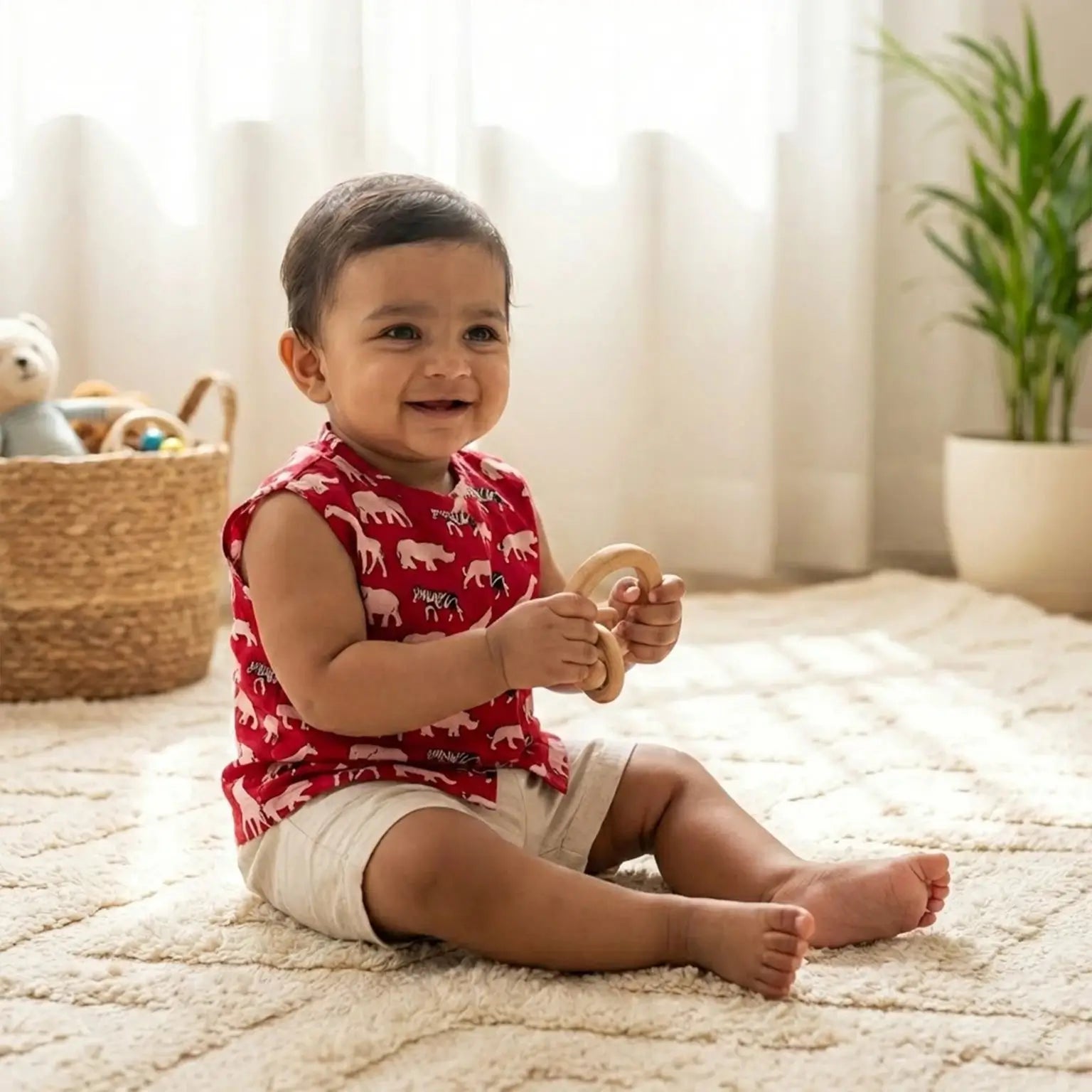 Round Neck Jhabhla - Red Animal Print Momuko Kids