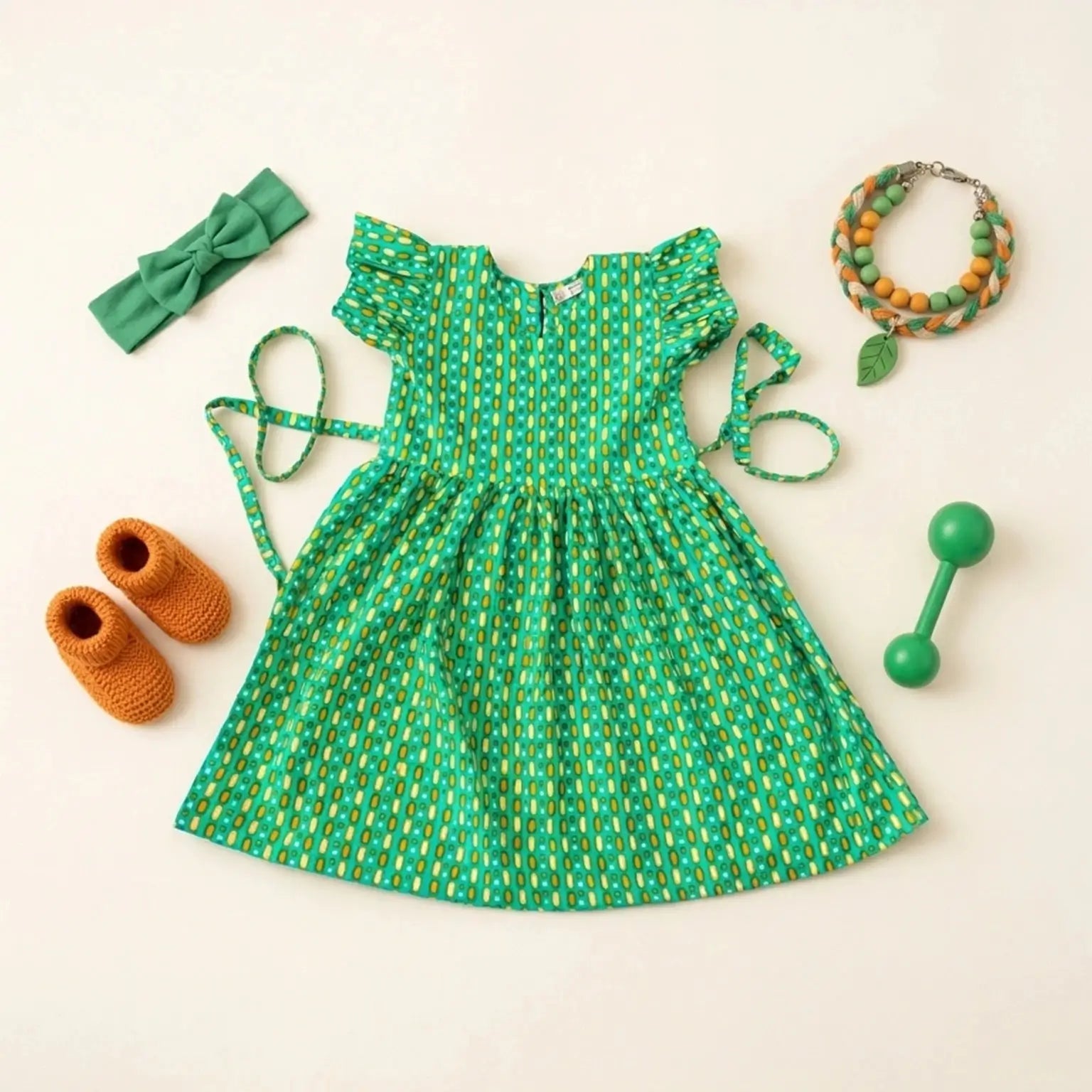Ruffle Sleeve Printed Green Frock Momuko Kids