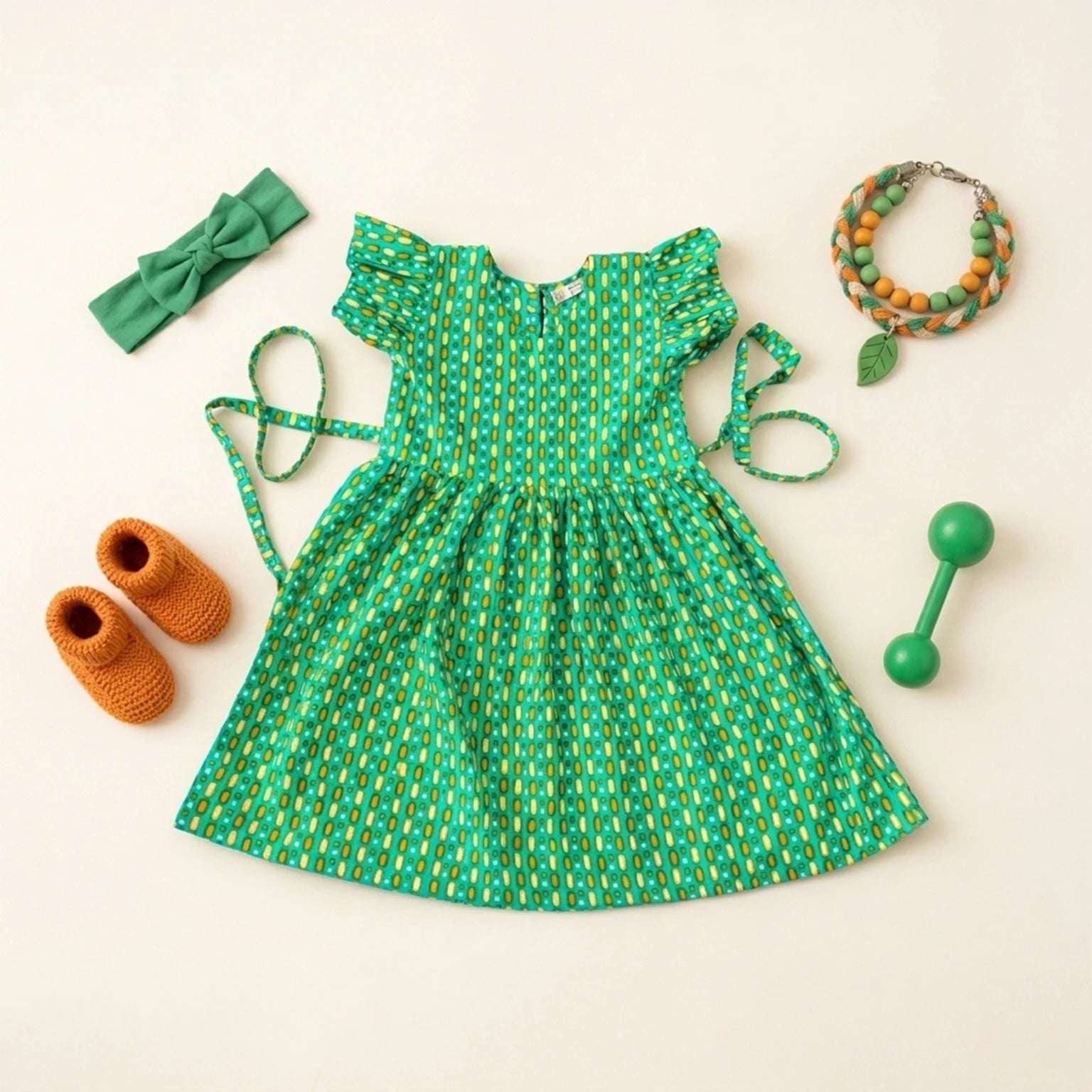 Ruffle Sleeve Printed Green Frock – Momuko Kids