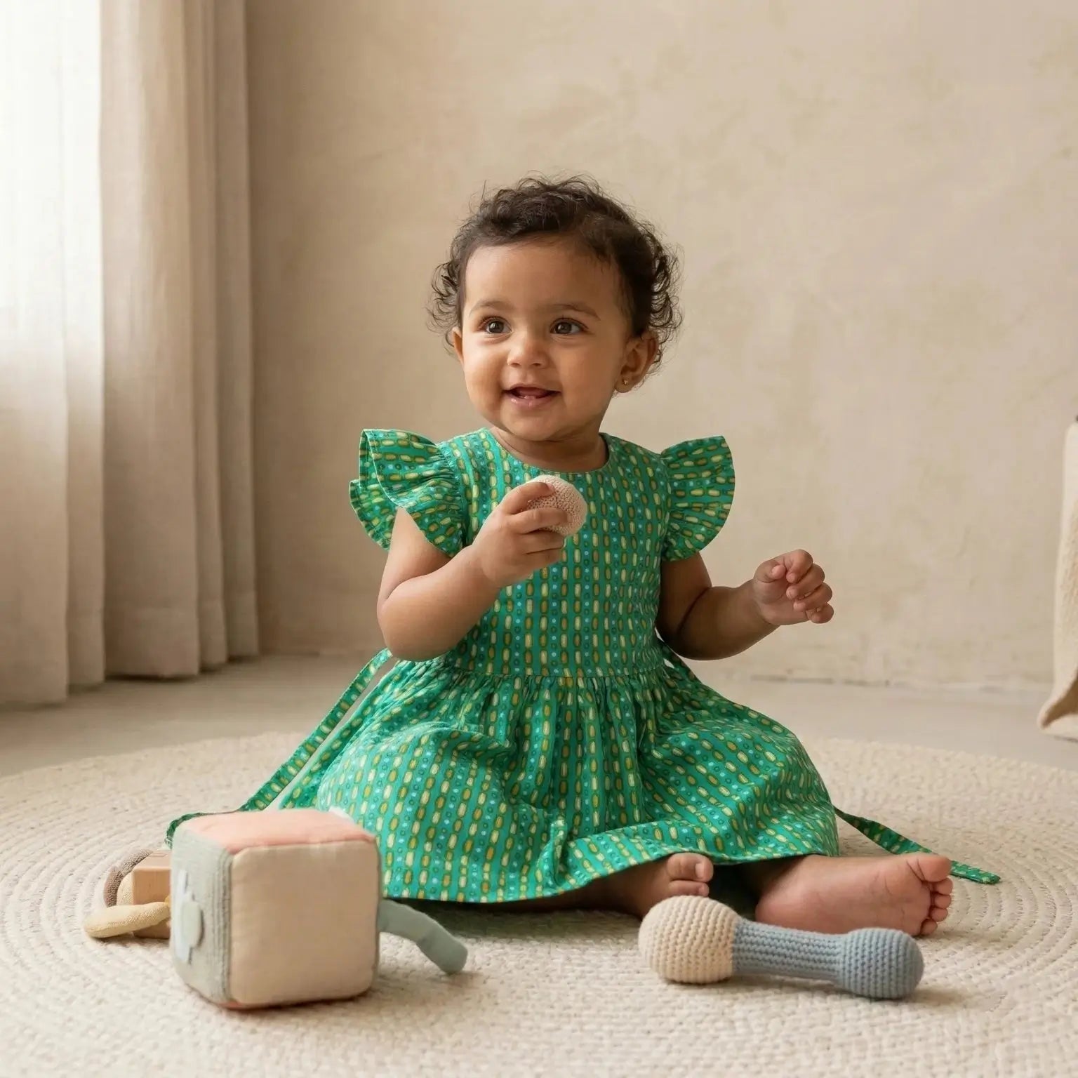 Ruffle Sleeve Printed Green Frock Momuko Kids