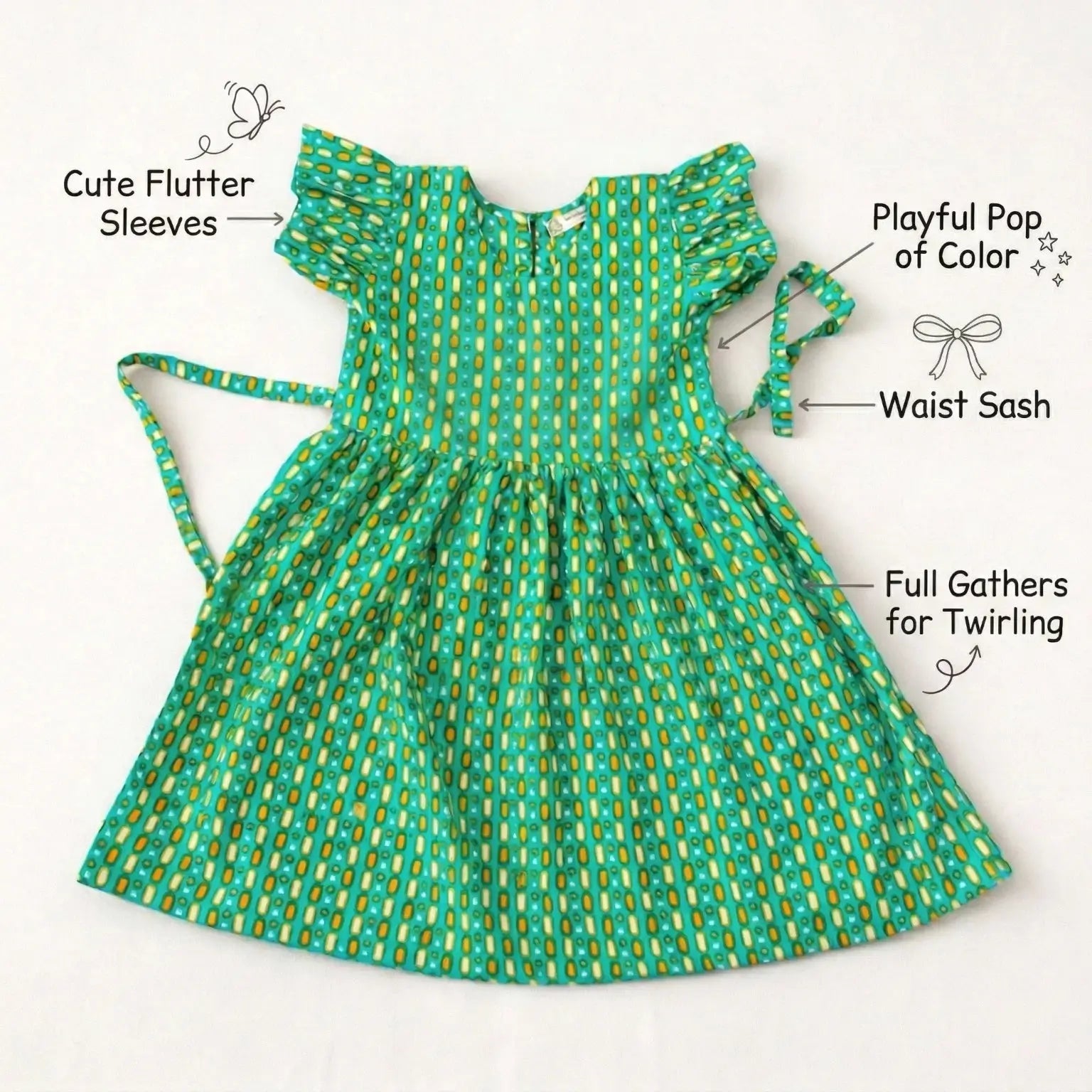Ruffle Sleeve Printed Green Frock