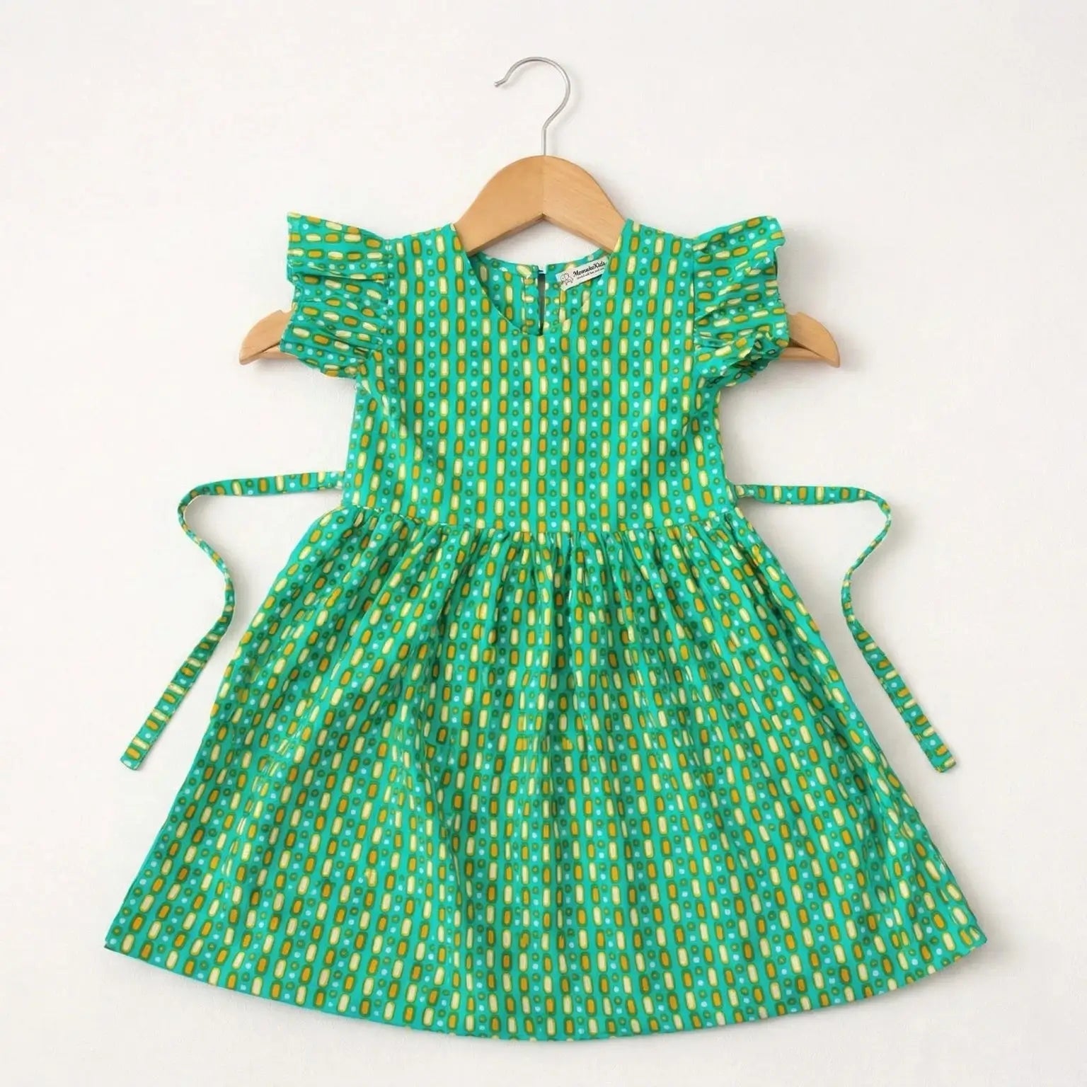 Ruffle Sleeve Printed Green Frock Momuko Kids