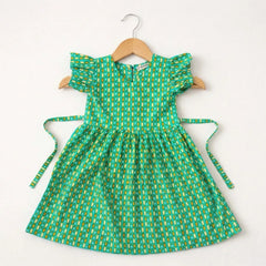 Ruffle Sleeve Printed Green Frock Momuko Kids