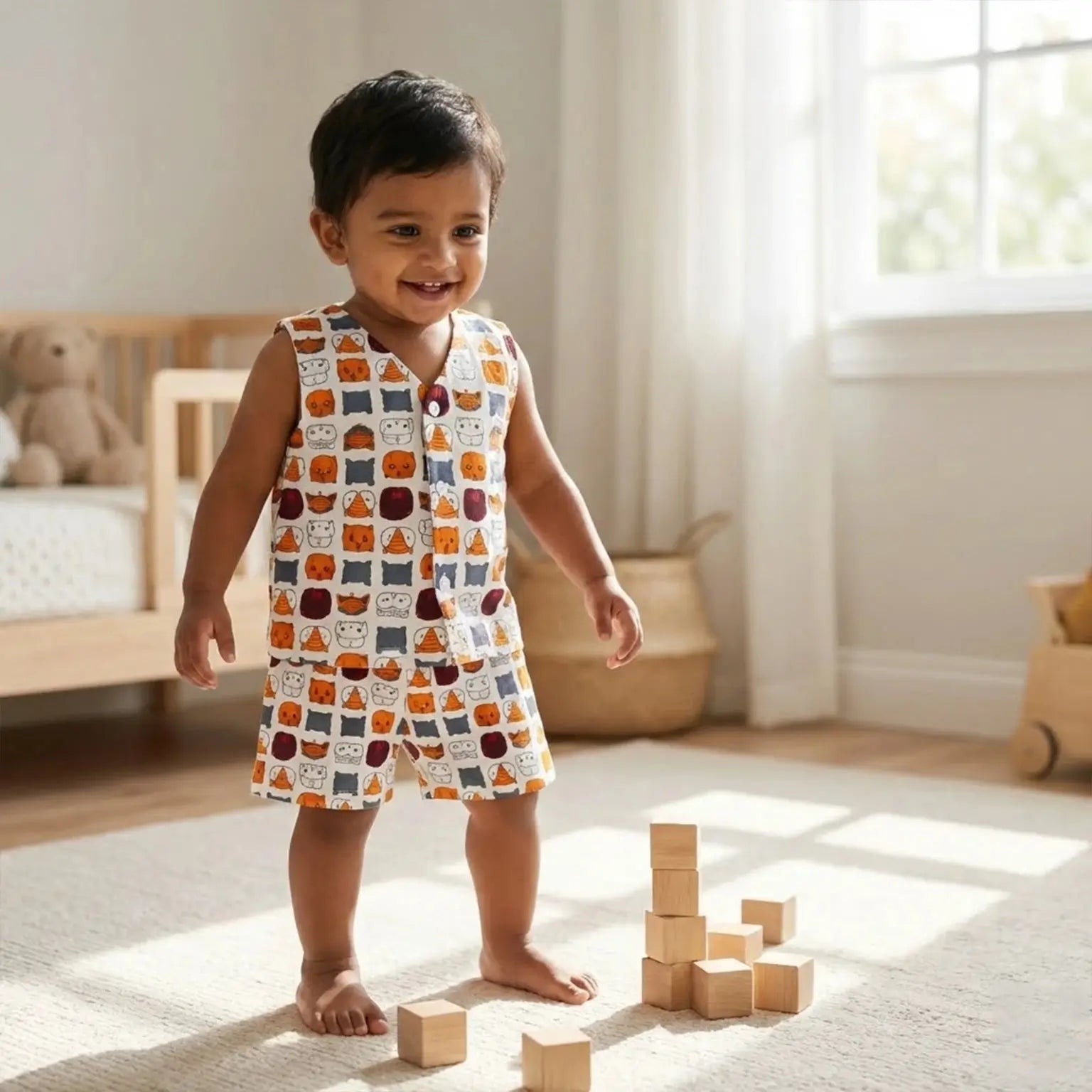 V-neck Front Button Jhabhla with Shorts - Animal Face Print Momuko Kids
