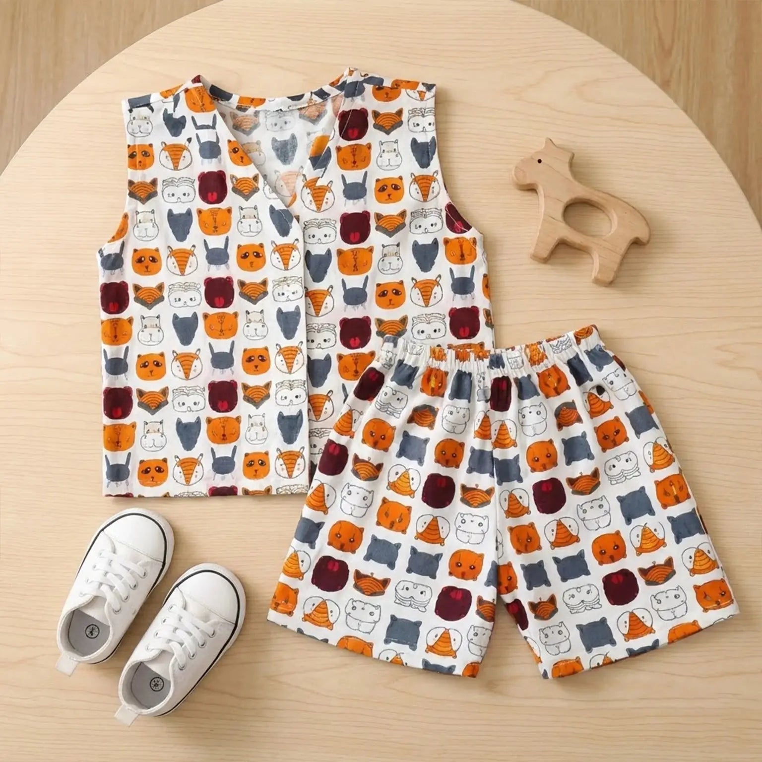 V-neck Front Button Jhabhla with Shorts - Animal Face Print Momuko Kids