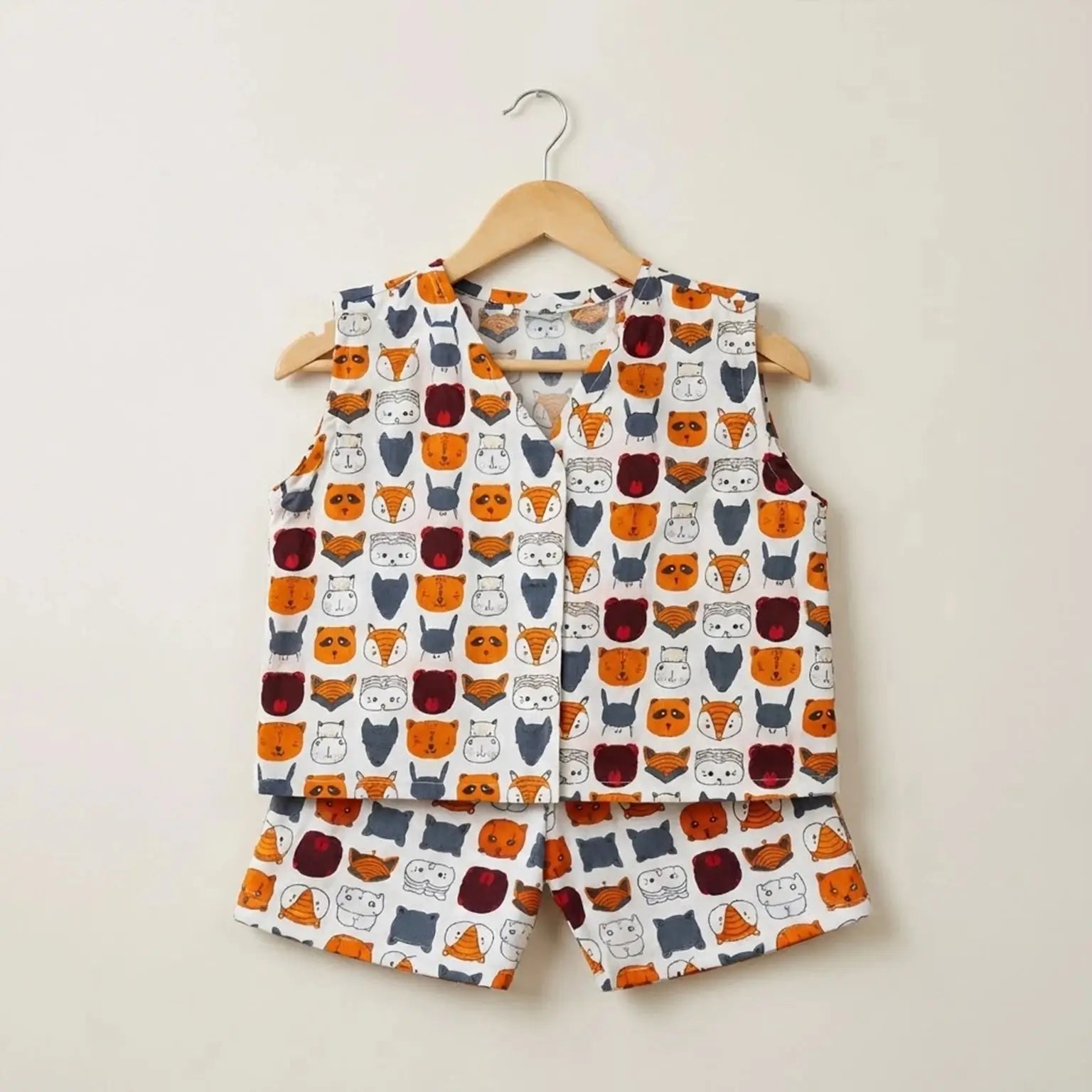 V-neck Front Button Jhabhla with Shorts - Animal Face Print