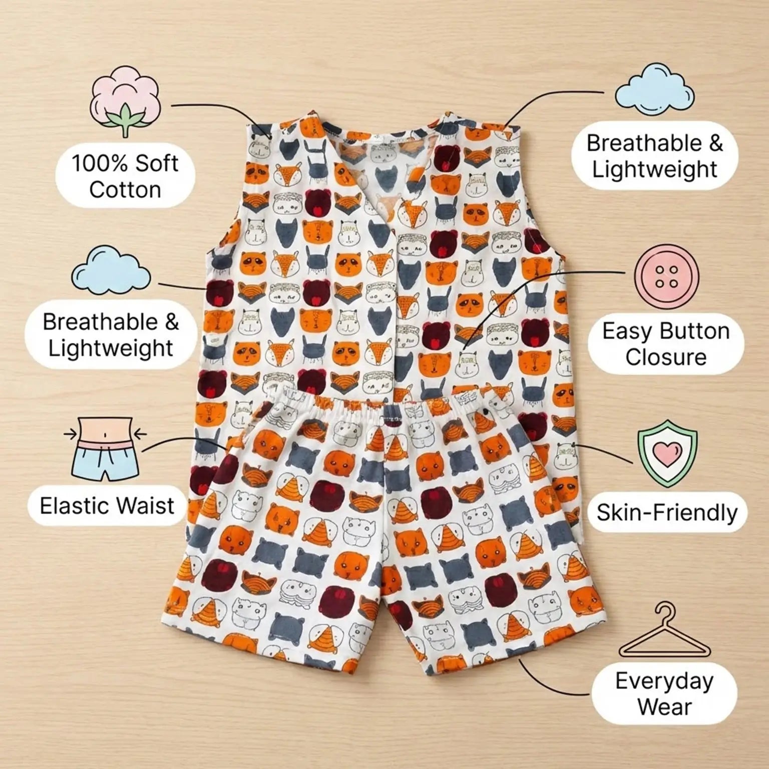 V-neck Front Button Jhabhla with Shorts - Animal Face Print Momuko Kids