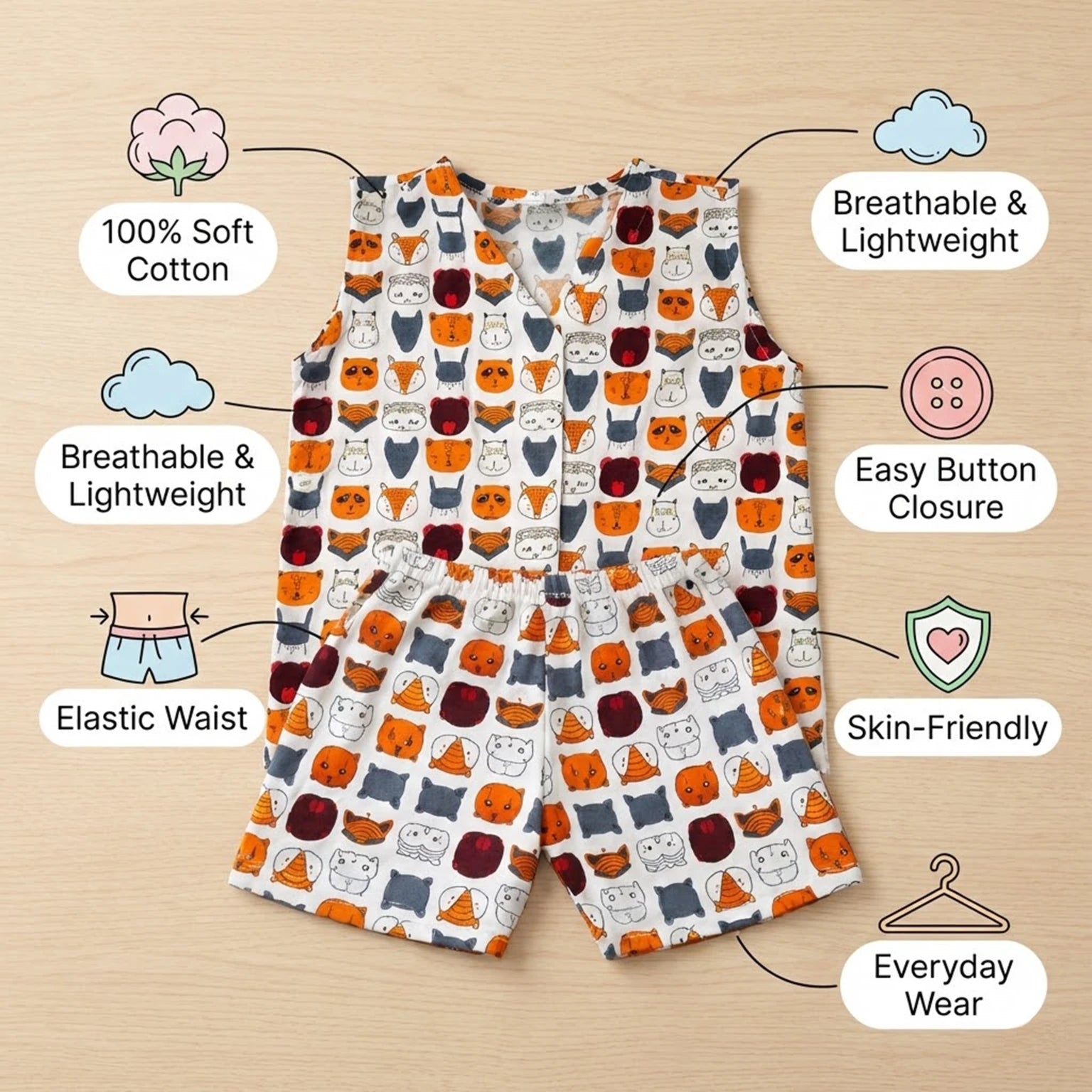 V-neck Front Button Jhabhla with Shorts - Animal Face Print