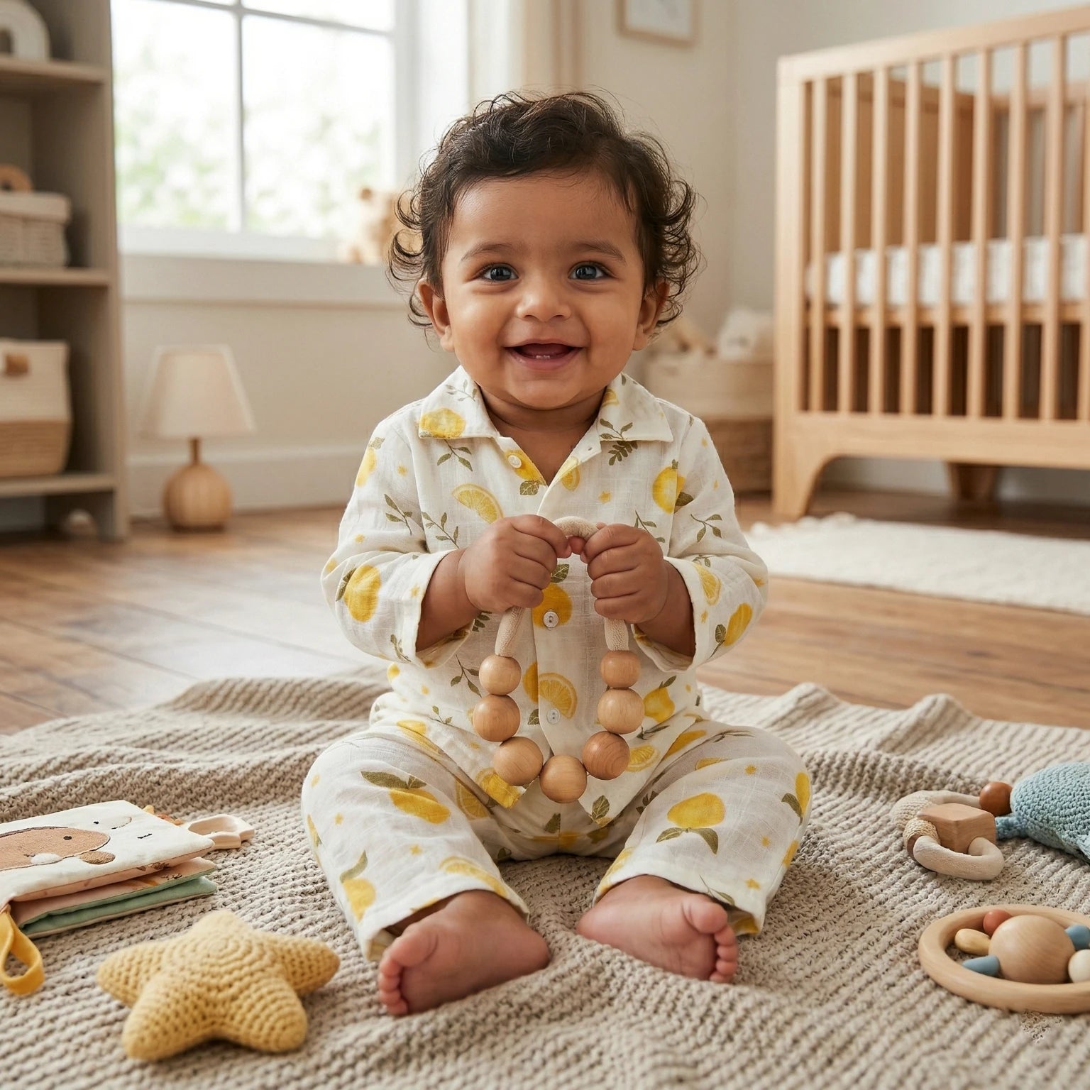 Lemon Leaf – Collared Muslin Night Suit