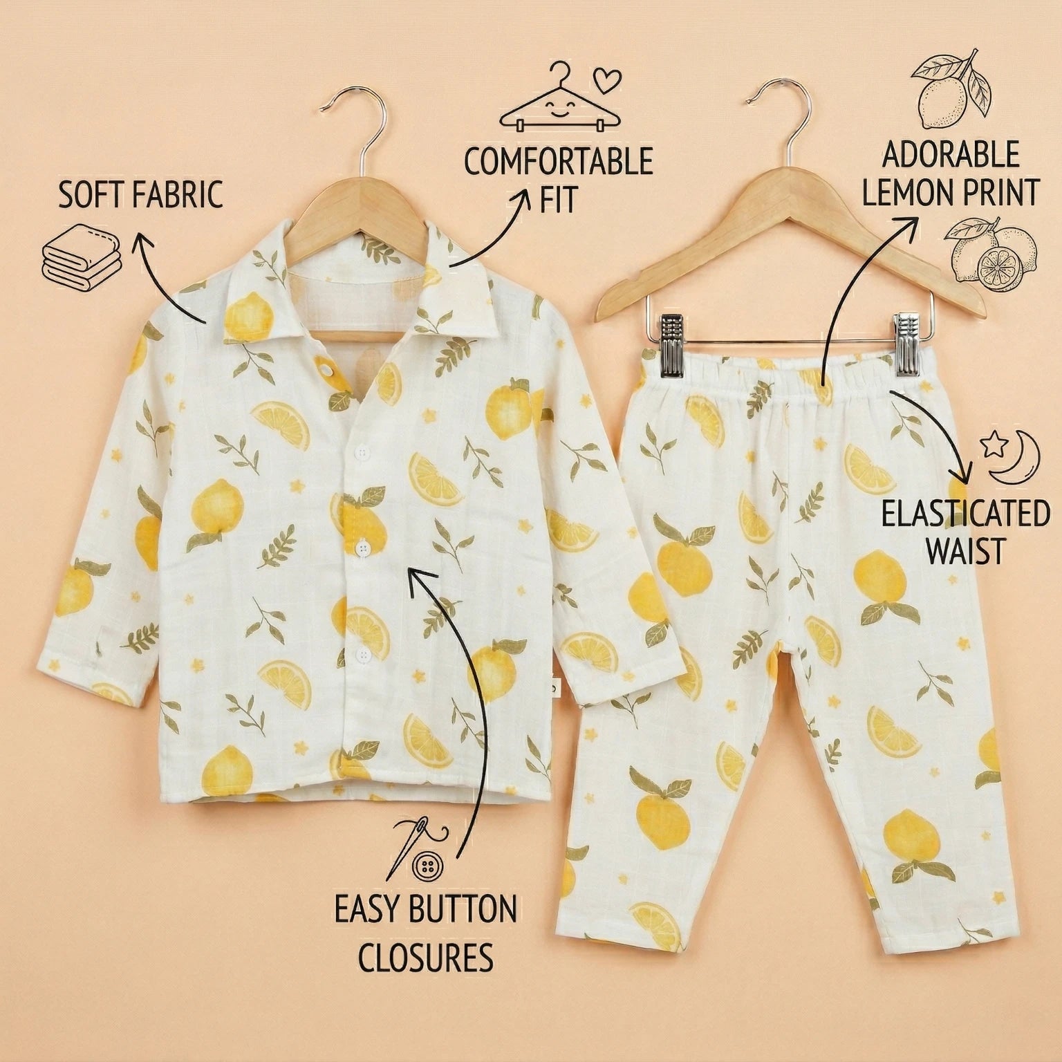 Lemon Leaf – Collared Muslin Night Suit
