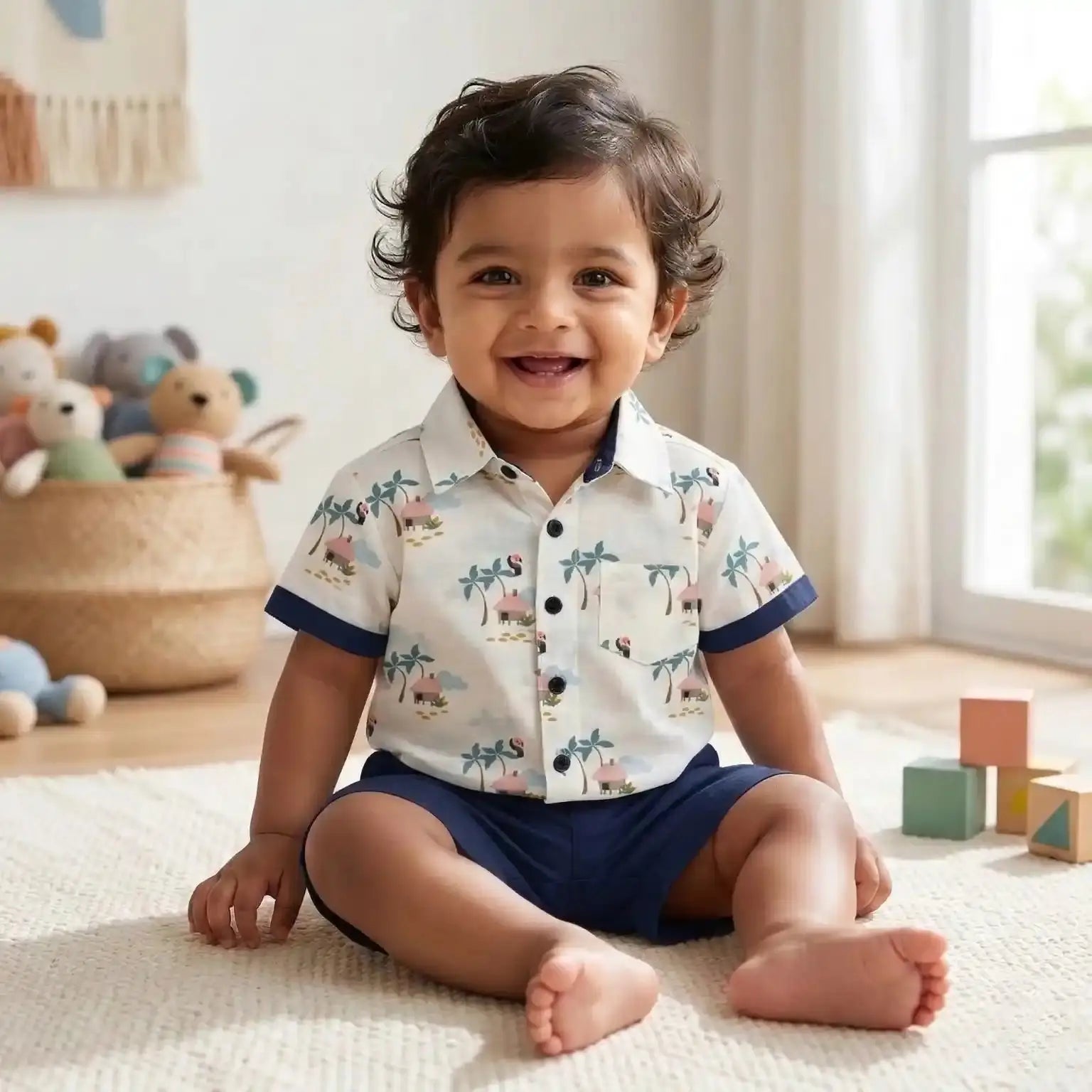 White Printed Shirt with Blue Shorts Momuko Kids