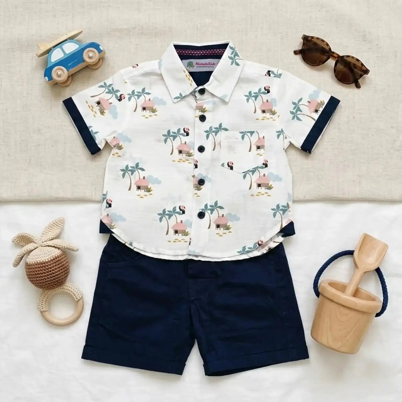 White Printed Shirt with Blue Shorts Momuko Kids