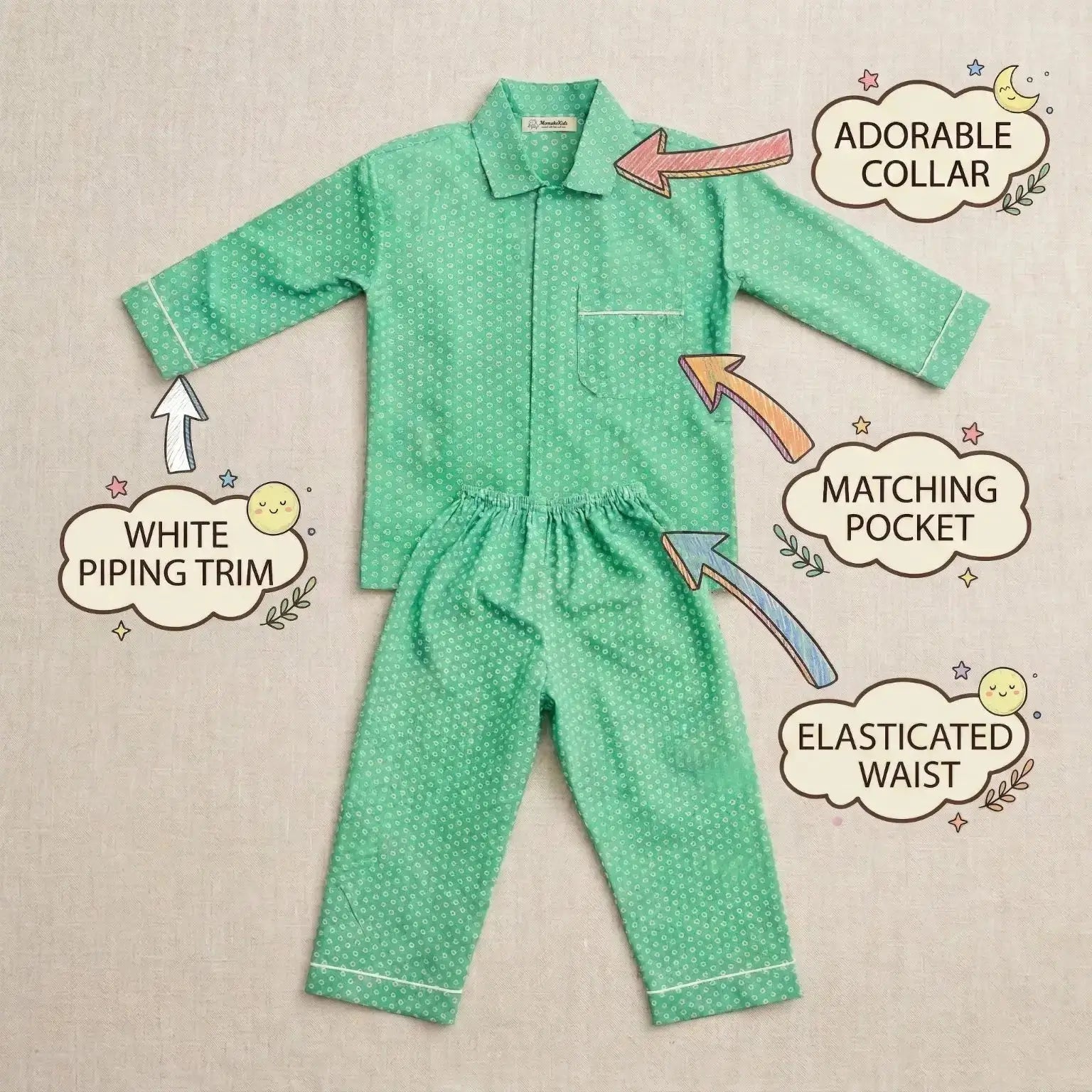 Green Print Full Sleeve Night Suit Momuko Kids