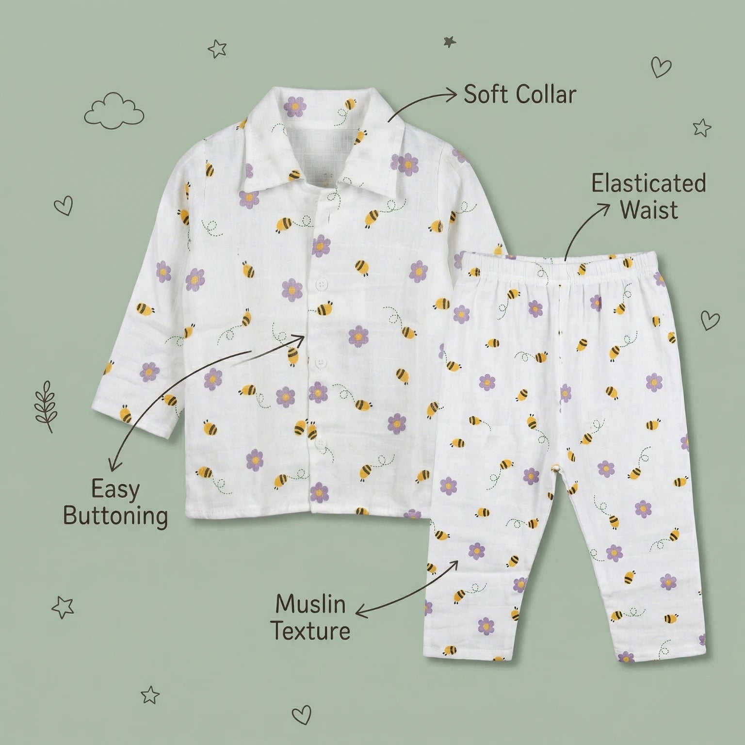 Honey Bee – Collared Muslin Night Suit
