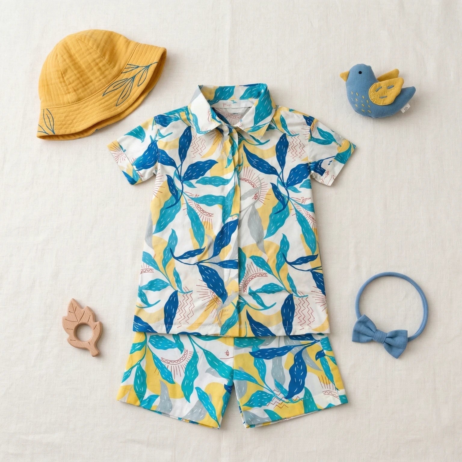 Tropical Blue and Yellow Print Shirt and Shorts Set