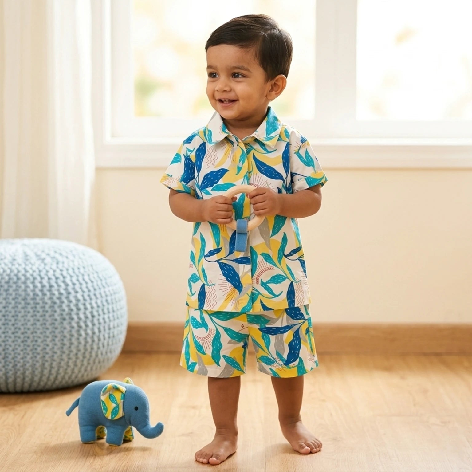 Tropical Blue and Yellow Print Shirt and Shorts Set
