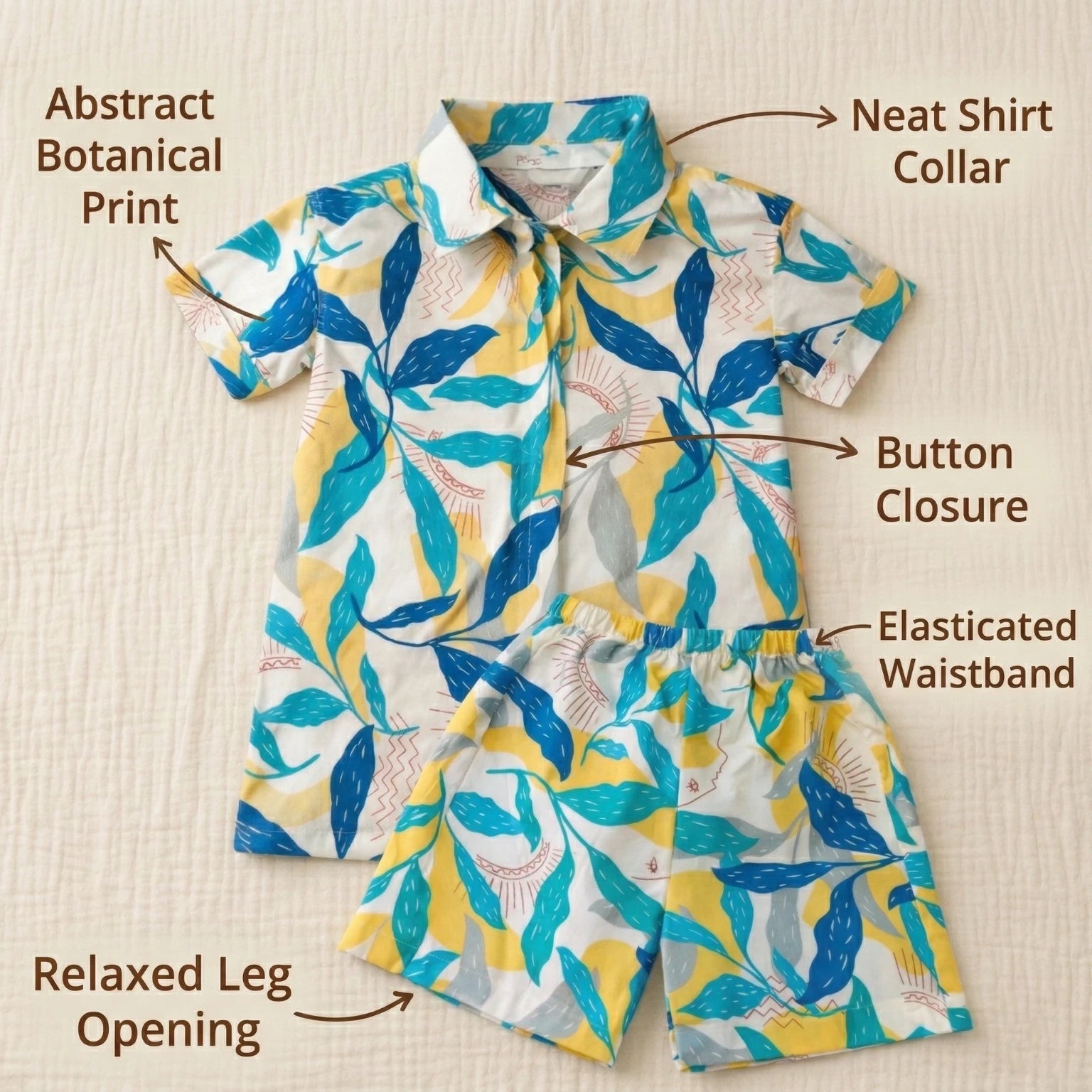 Tropical Blue and Yellow Print Shirt and Shorts Set