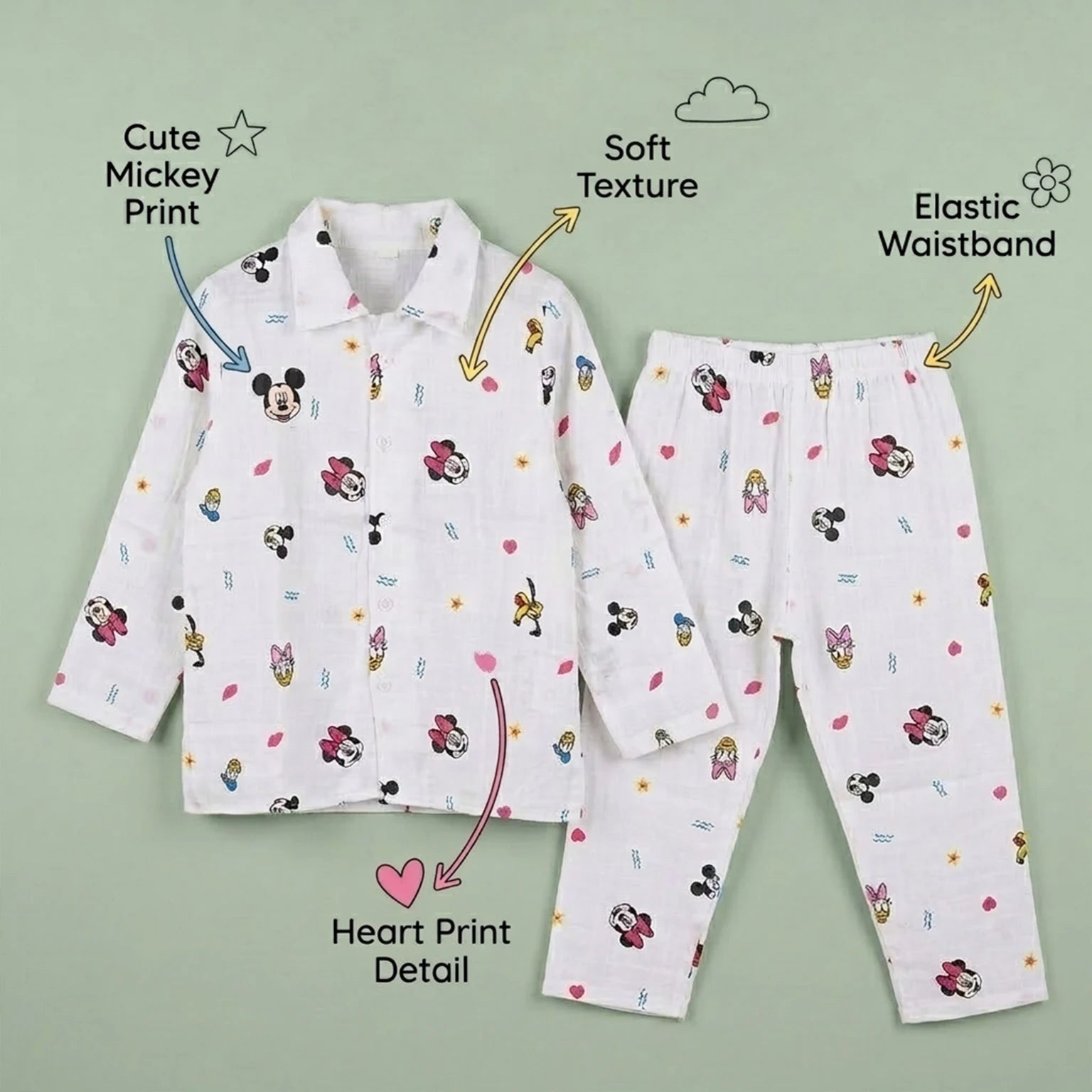 Mickey – Collared Muslin Night Suit