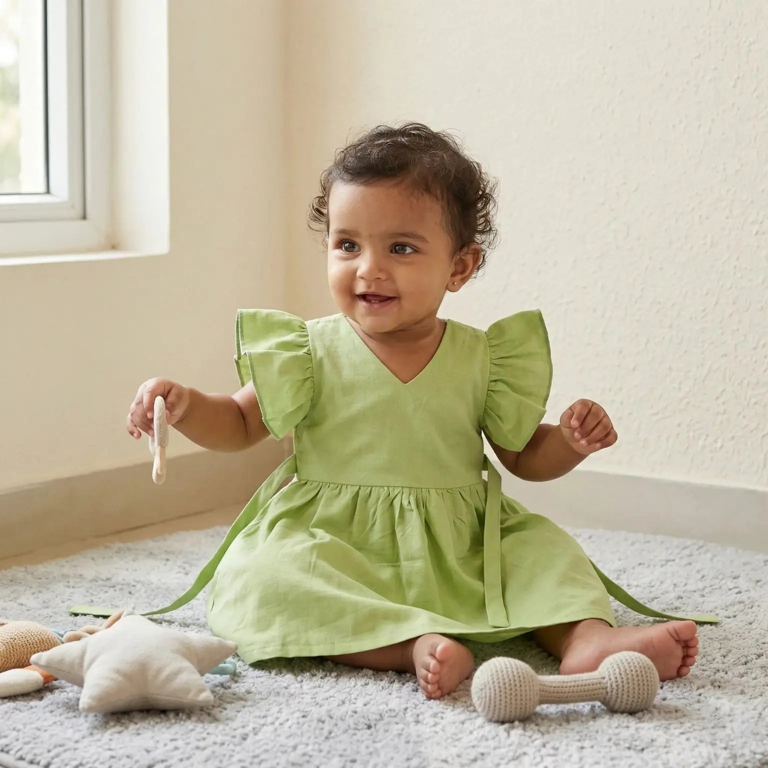 Ruffle Sleeve Green Frock Momuko Kids