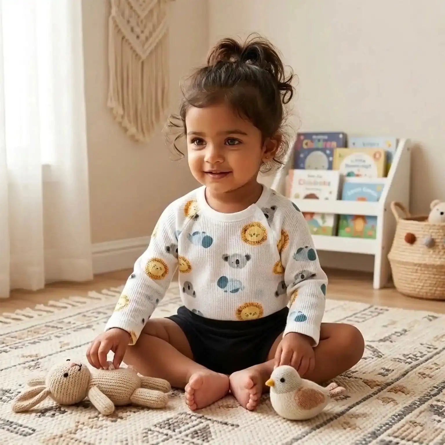 White Full Sleeve Ribbed Printed T-shirt Momuko Kids