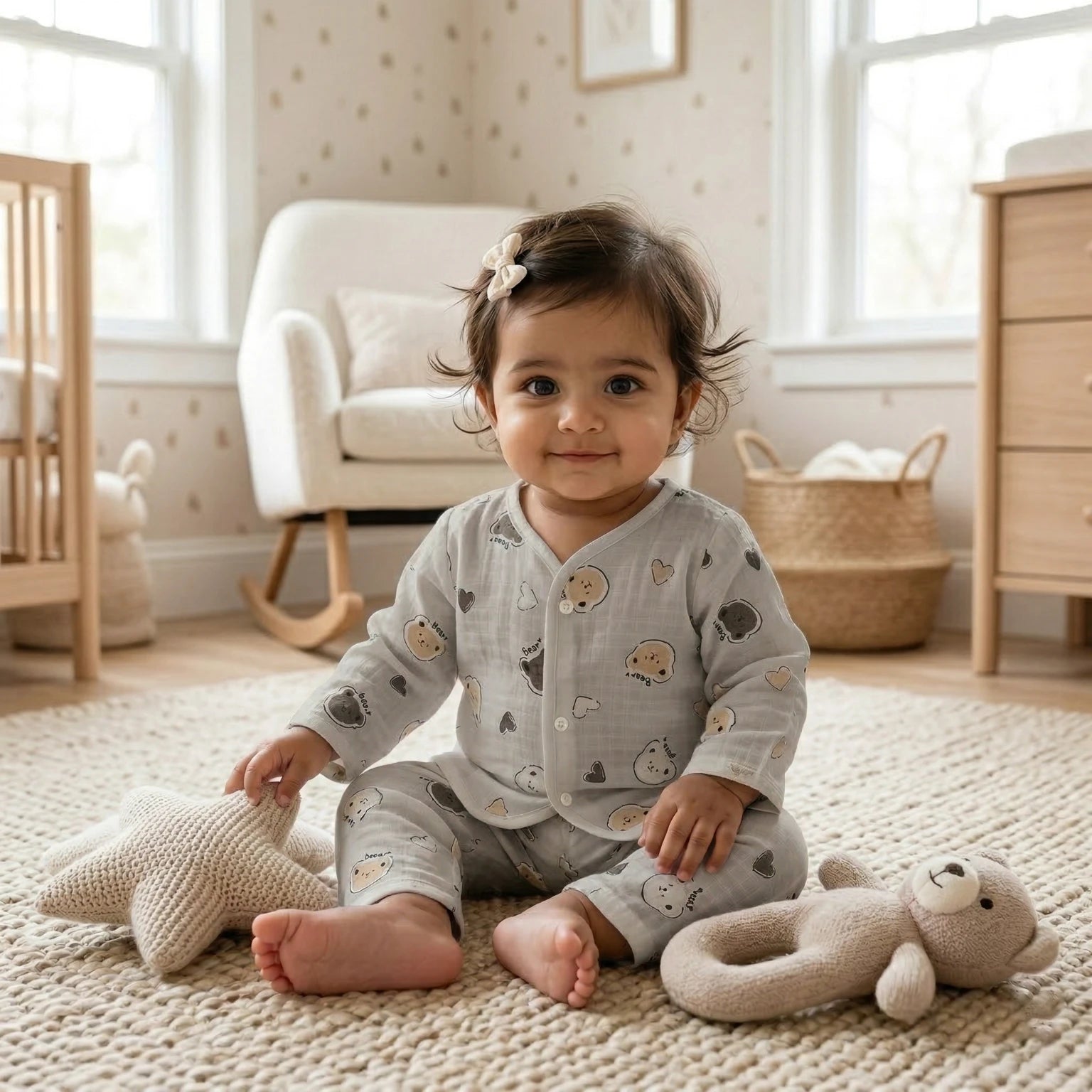 Grey Bear – Full Sleeve Muslin Night Suit Momuko Kids