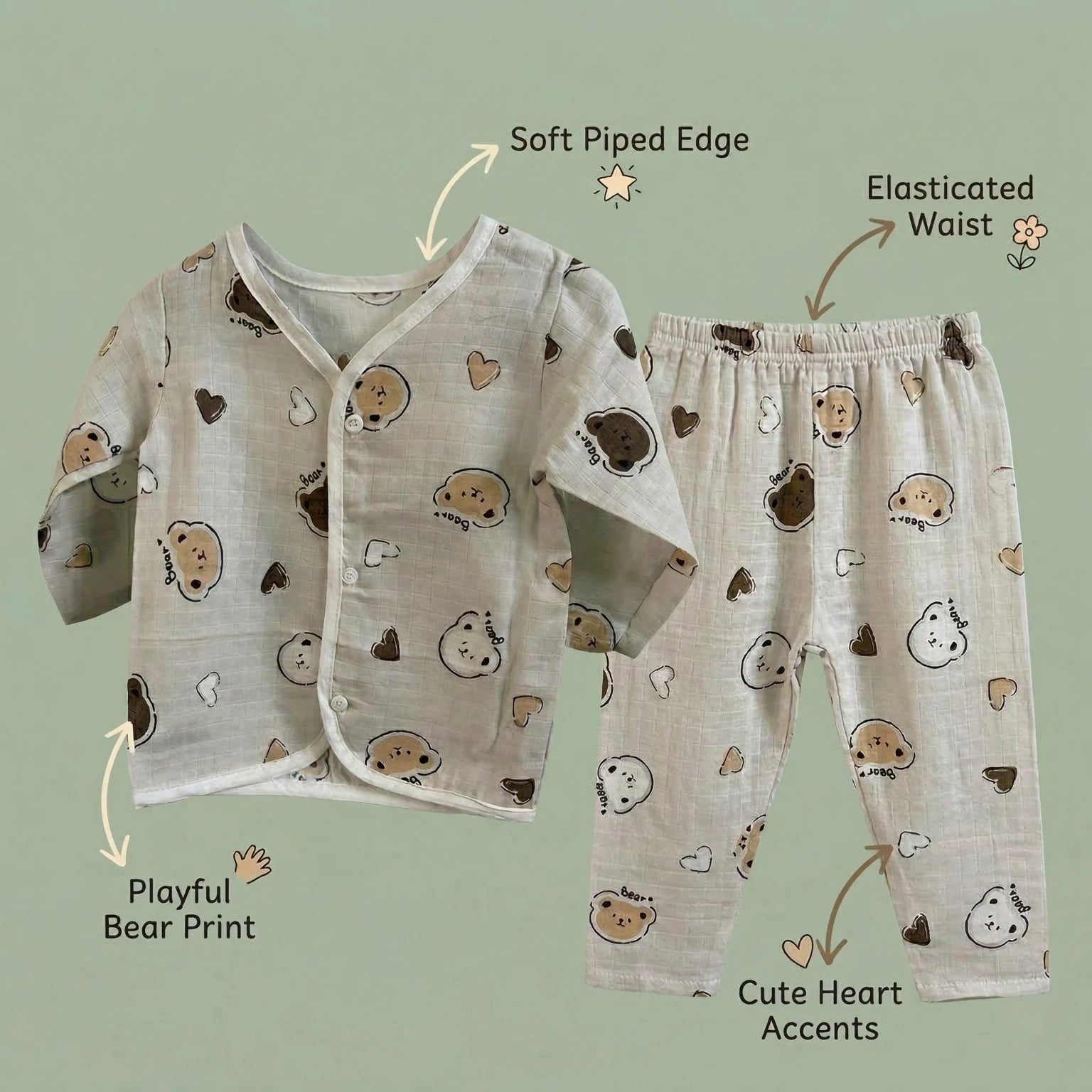Grey Bear – Full Sleeve Muslin Night Suit
