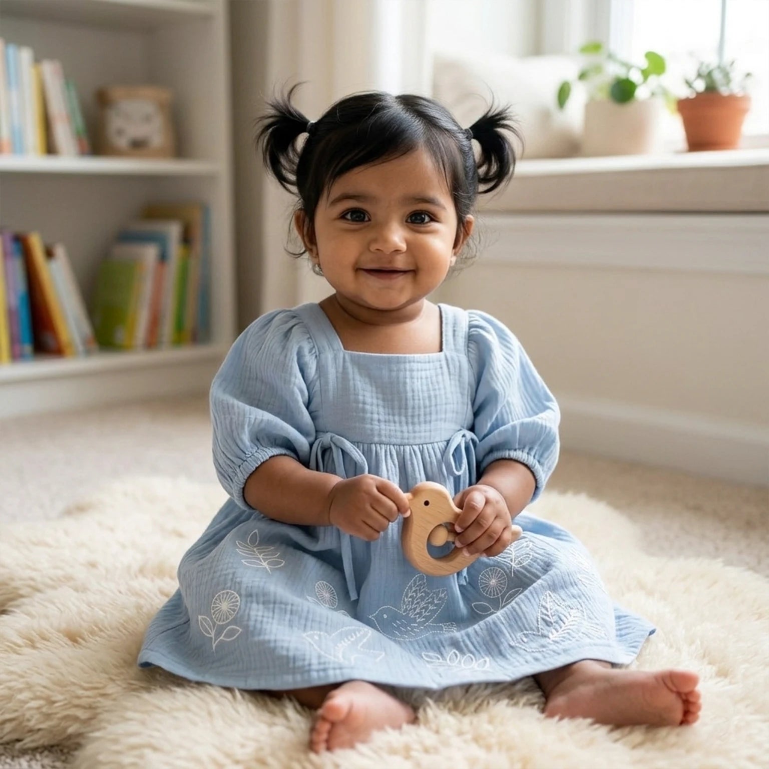 Powder Blue Embroidered Frock Momuko Kids