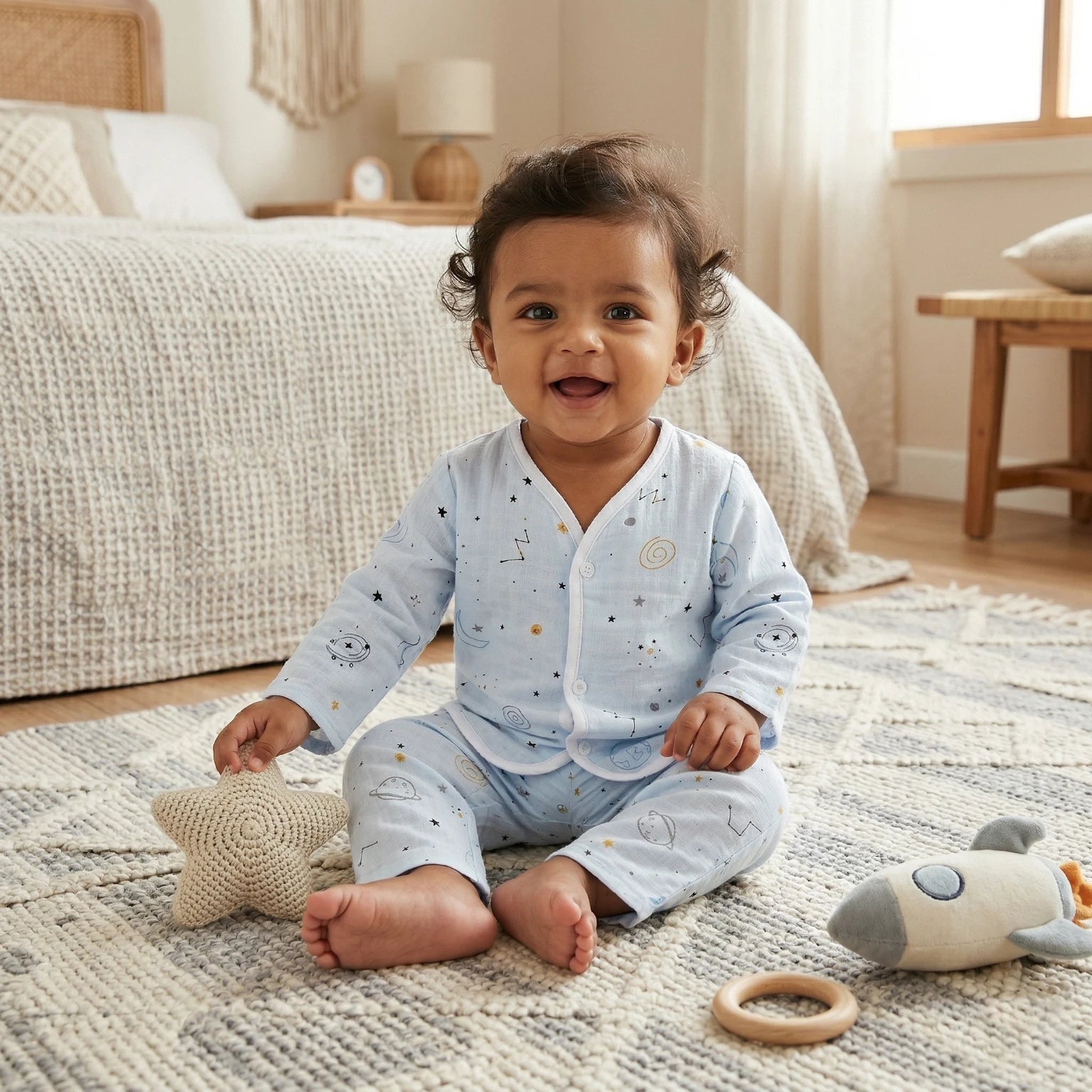 Blue Stars – Full Sleeve Muslin Night Suit Momuko Kids