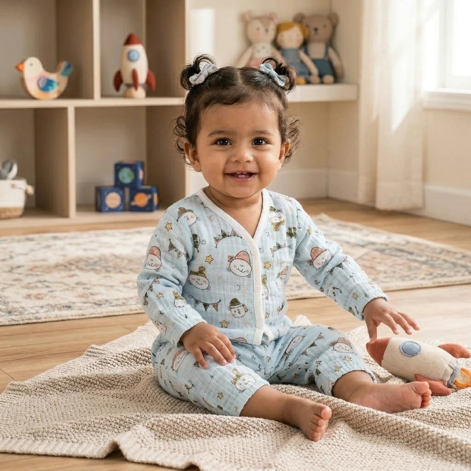 Blue Celebration – Full Sleeve Muslin Night Suit Momuko Kids