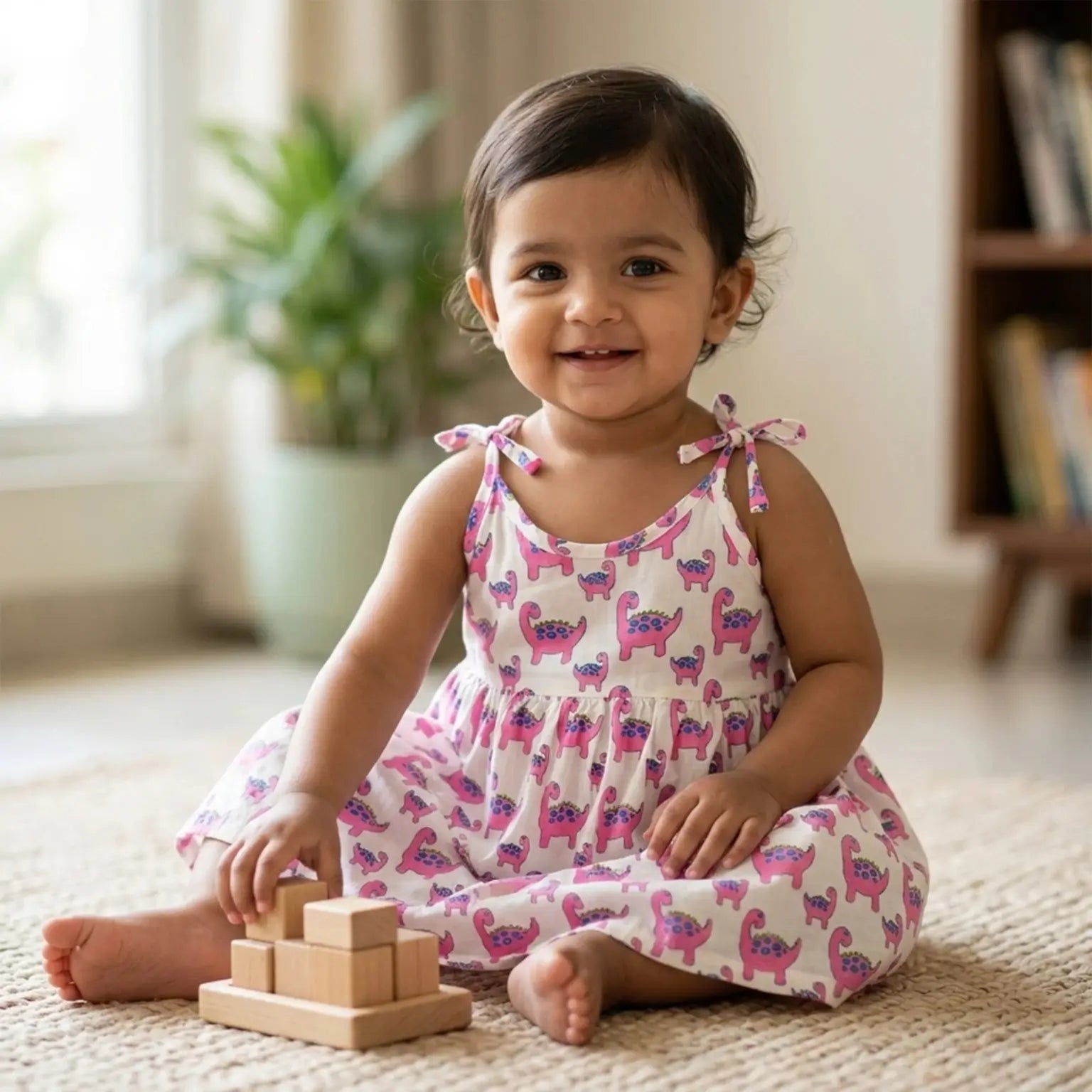 Shoulder Tie Frock - Dinosaur Print Momuko Kids