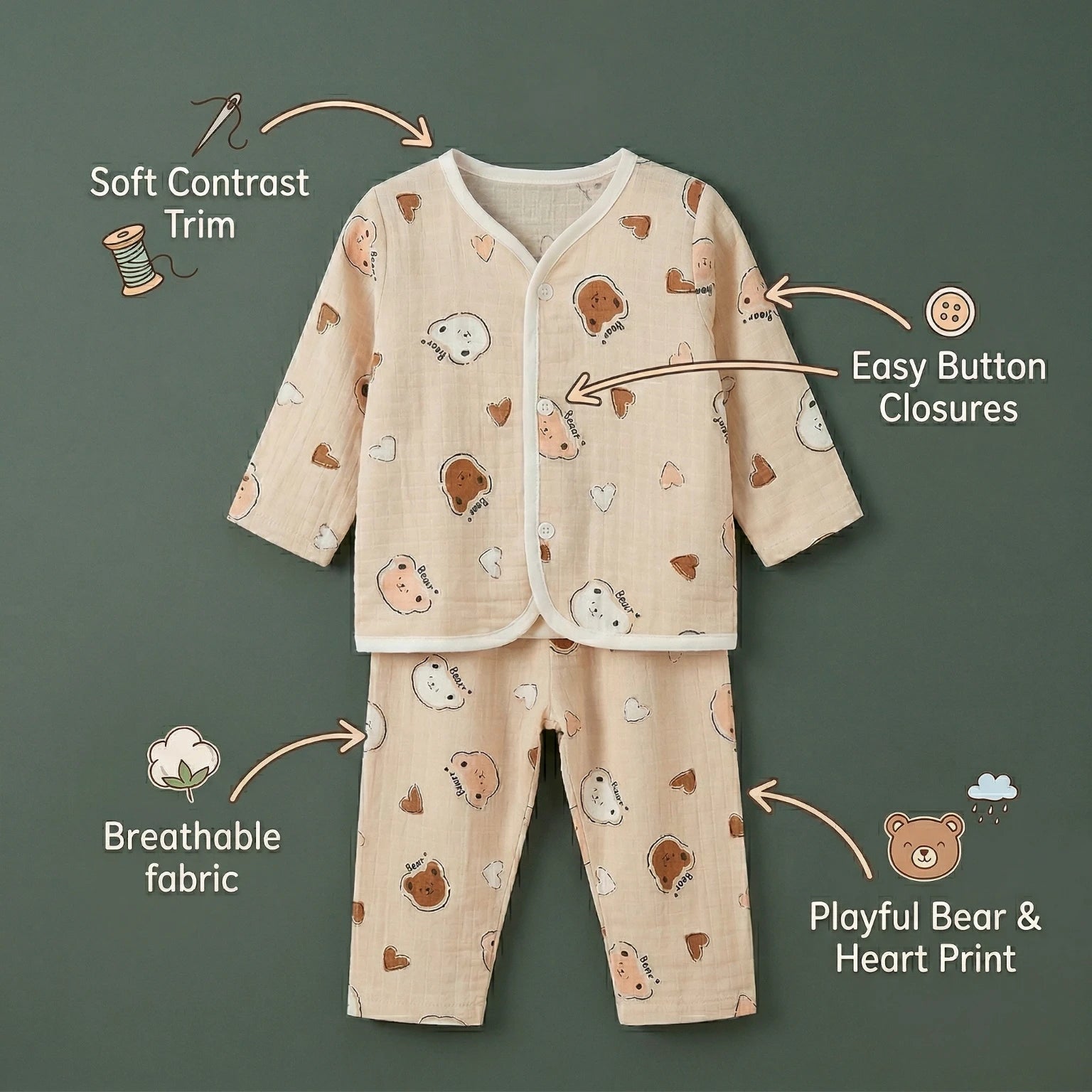Peach Bear – Full Sleeve Muslin Night Suit Momuko Kids