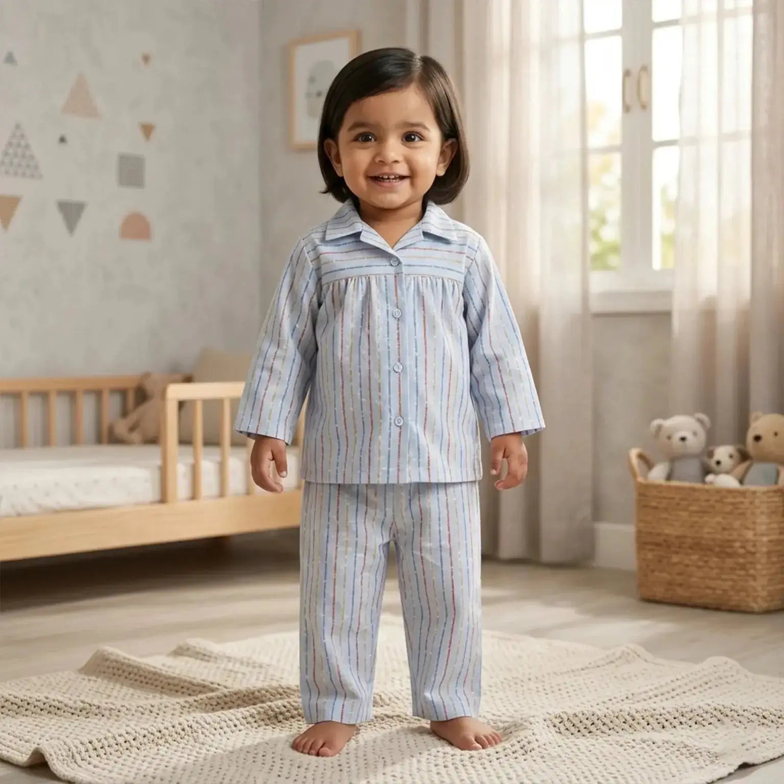 Blue Striped Pleated Full Sleeve Co-ord Set Momuko Kids